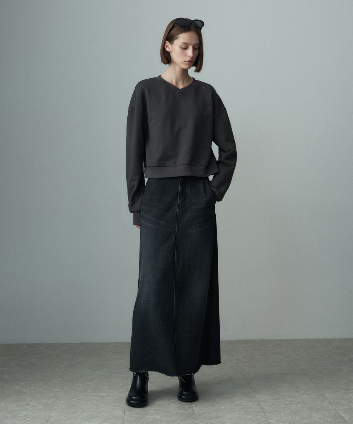 리이(RE RHEE) MAXI WASHING DENIM SKIRT