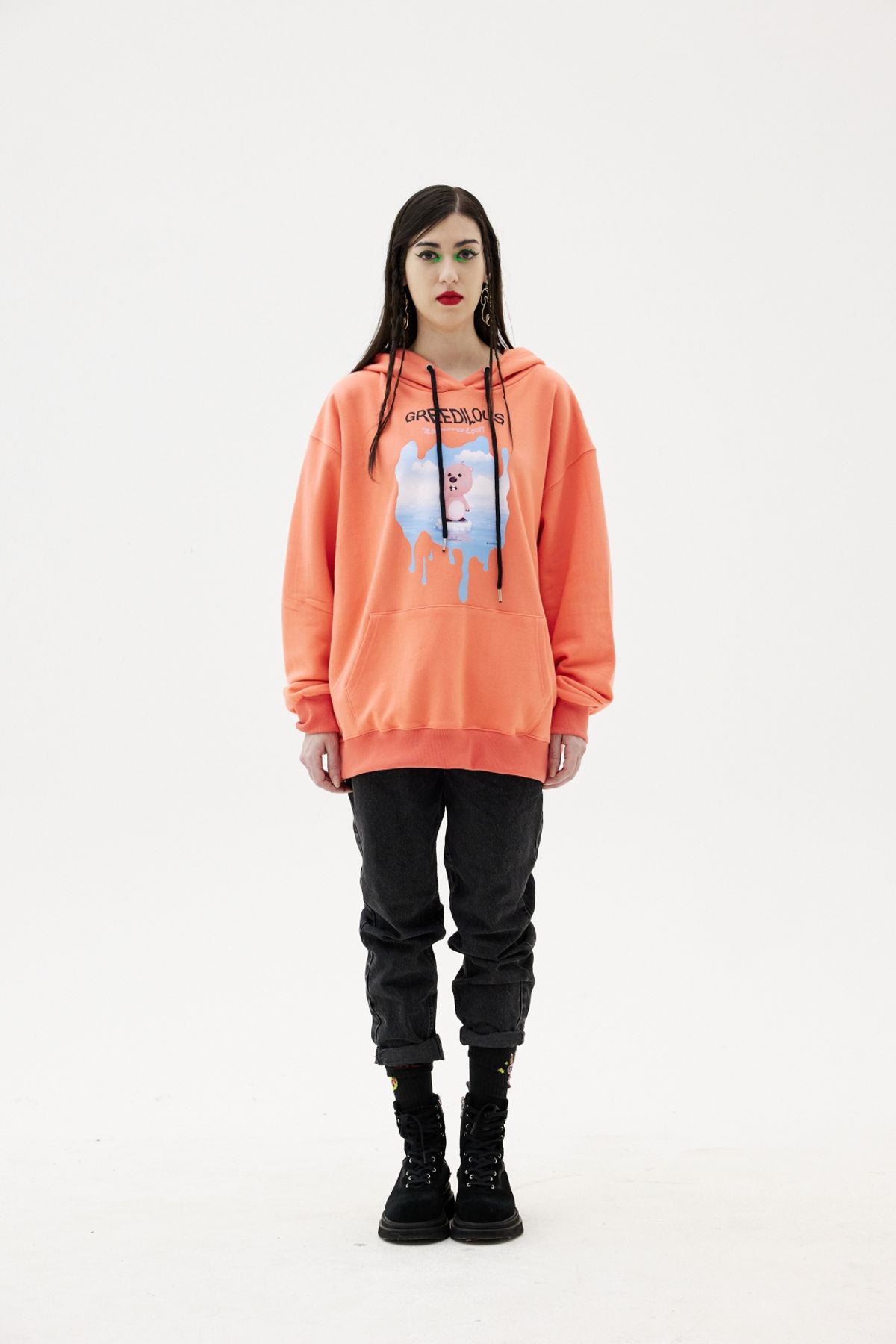 그리디어스(GREEDILOUS) Bunny Print Loose Hoodie Orange