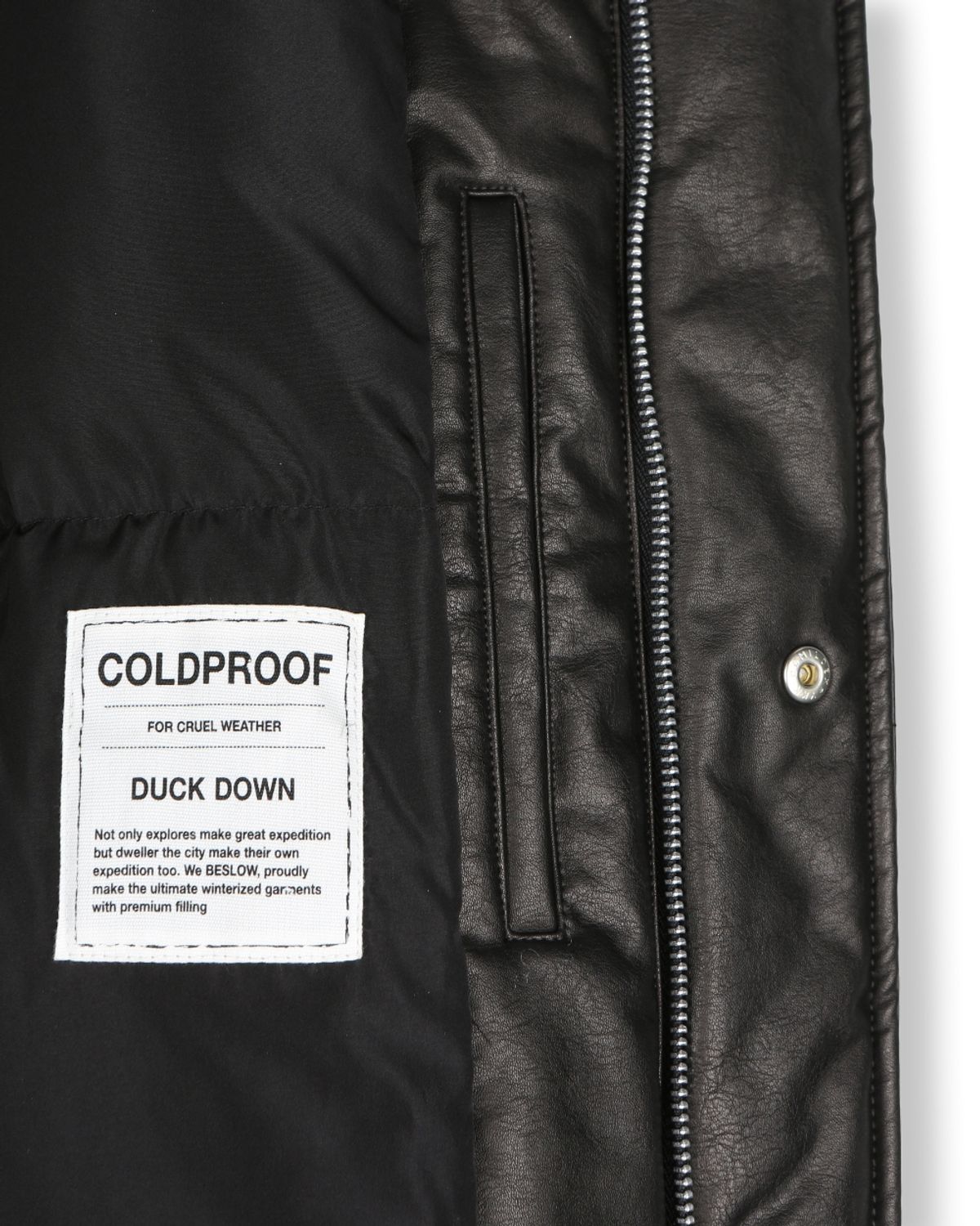 비슬로우(BESLOW) OVERSIZED M65 HOOD SHORT DOWN PARKA VEGAN LEATHER BLACK