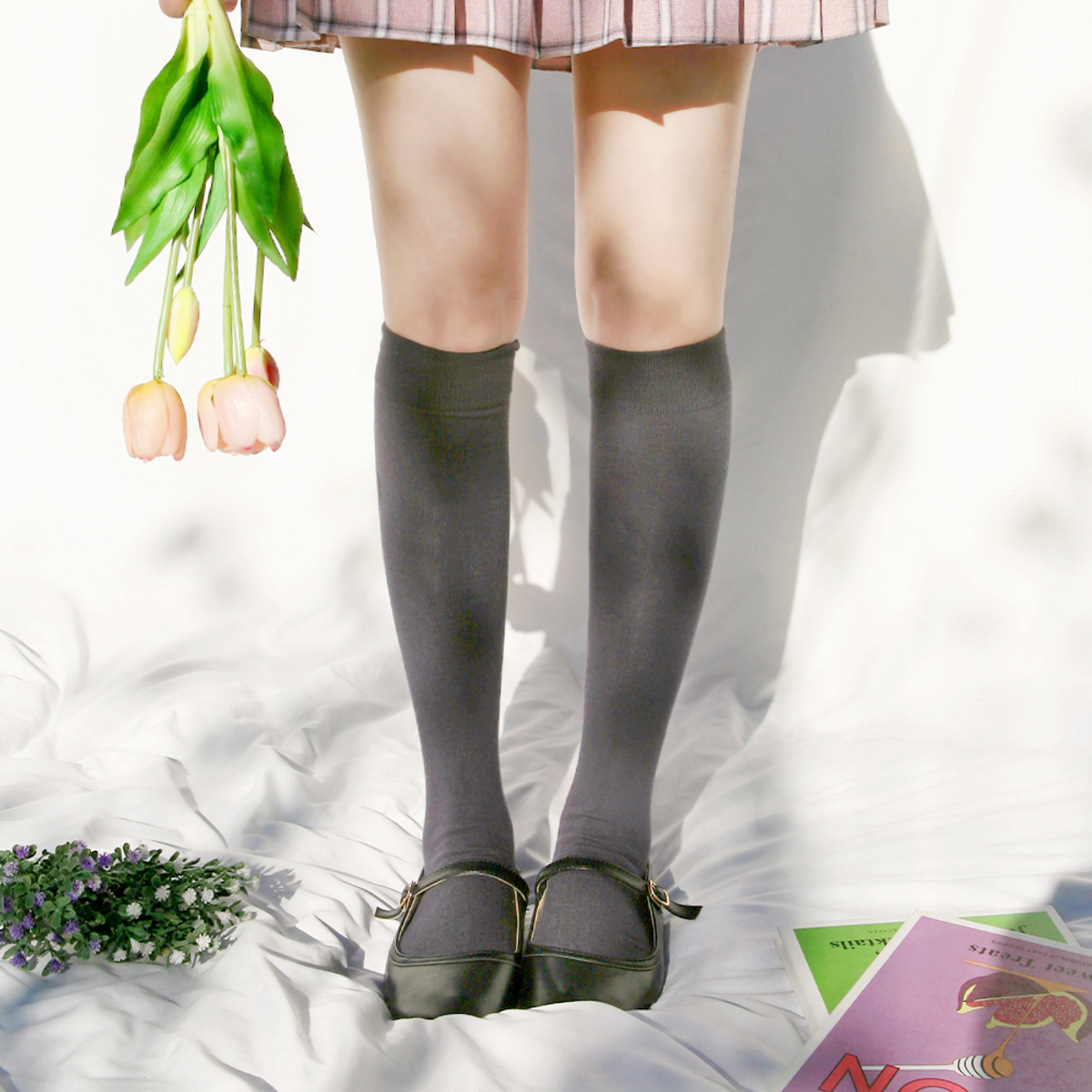 삭스에이(SOCKSA) [2PACK]흘러내림 없는 쫀쫀 밴드 니삭스 오버니삭스 구멍안나는 시그니처 무지 도톰 6색상