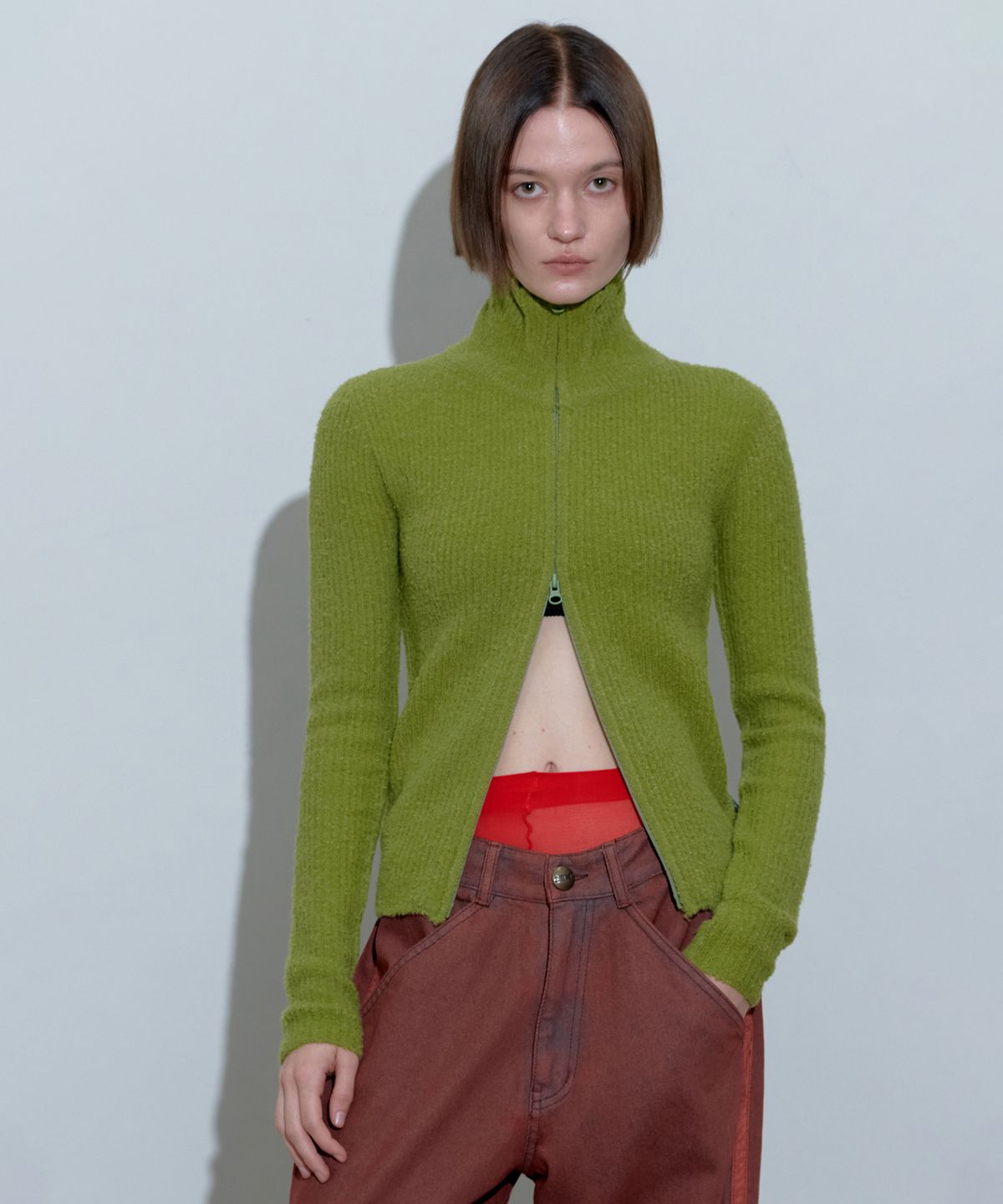 스컬프터(SCULPTOR) Boucle Knit Zip-Up Avocado