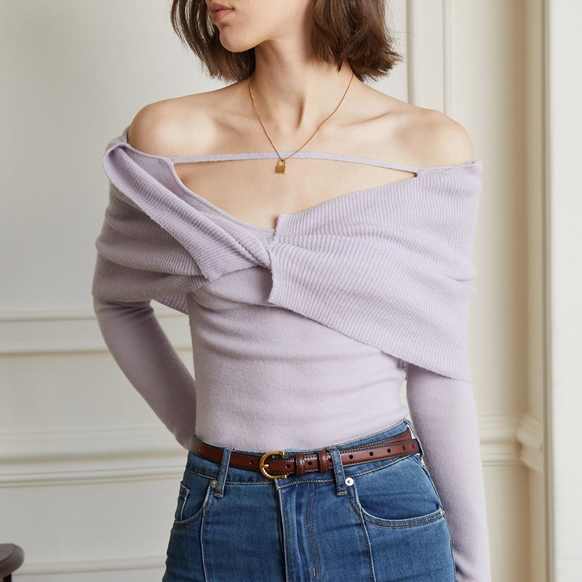 와이와이아이엠(YYIAM) YY_Off-shoulder knit top_LIGHT PURPLE