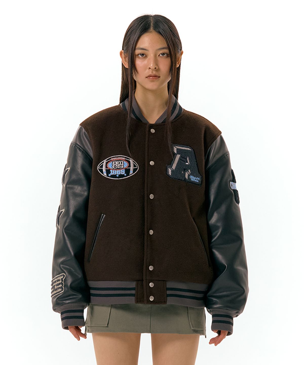 아메스 월드와이드(AMES-WORLDWIDE) FOOTBALL VARSITY JACKET BROWN (AM2DFUJ241A)