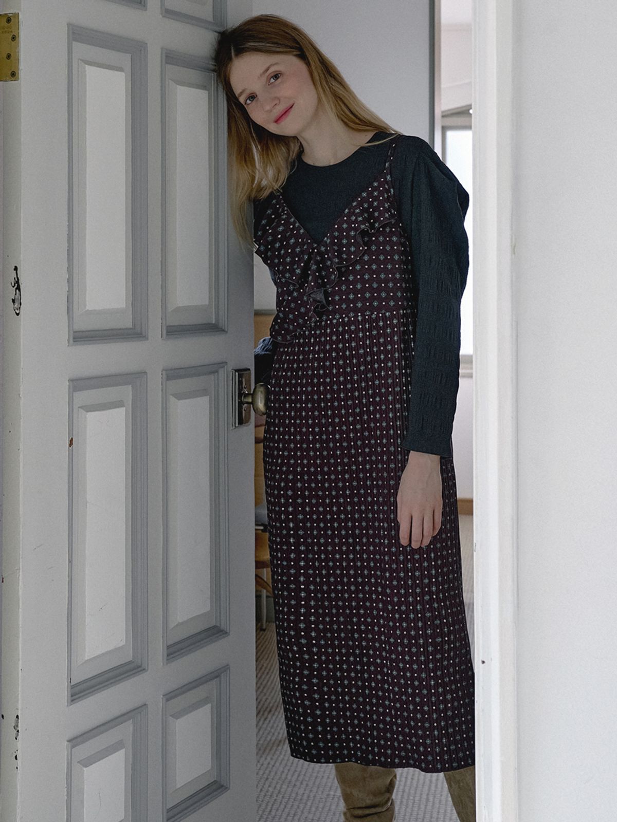 아방(AVANT-G) Ethnic Pattern Frill Layered Dress - WINE