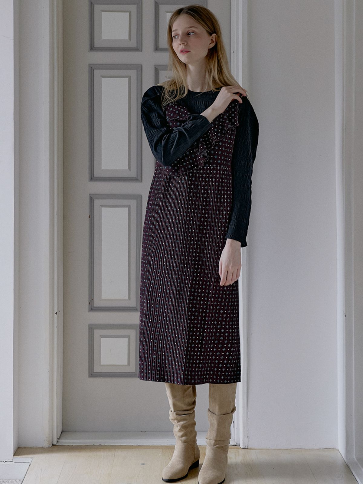 아방(AVANT-G) Ethnic Pattern Frill Layered Dress - WINE