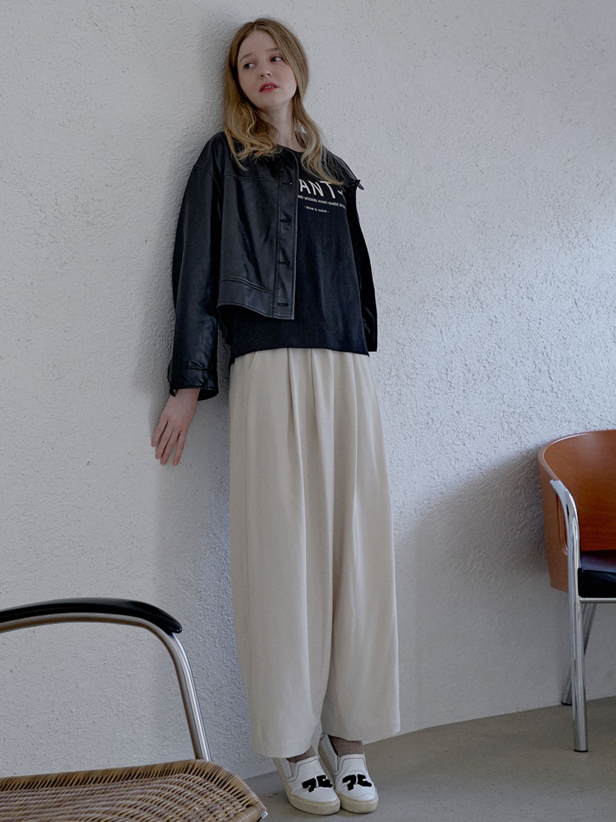 아방(AVANT-G) Poly Spandex Wide Banding Pants - CREAM