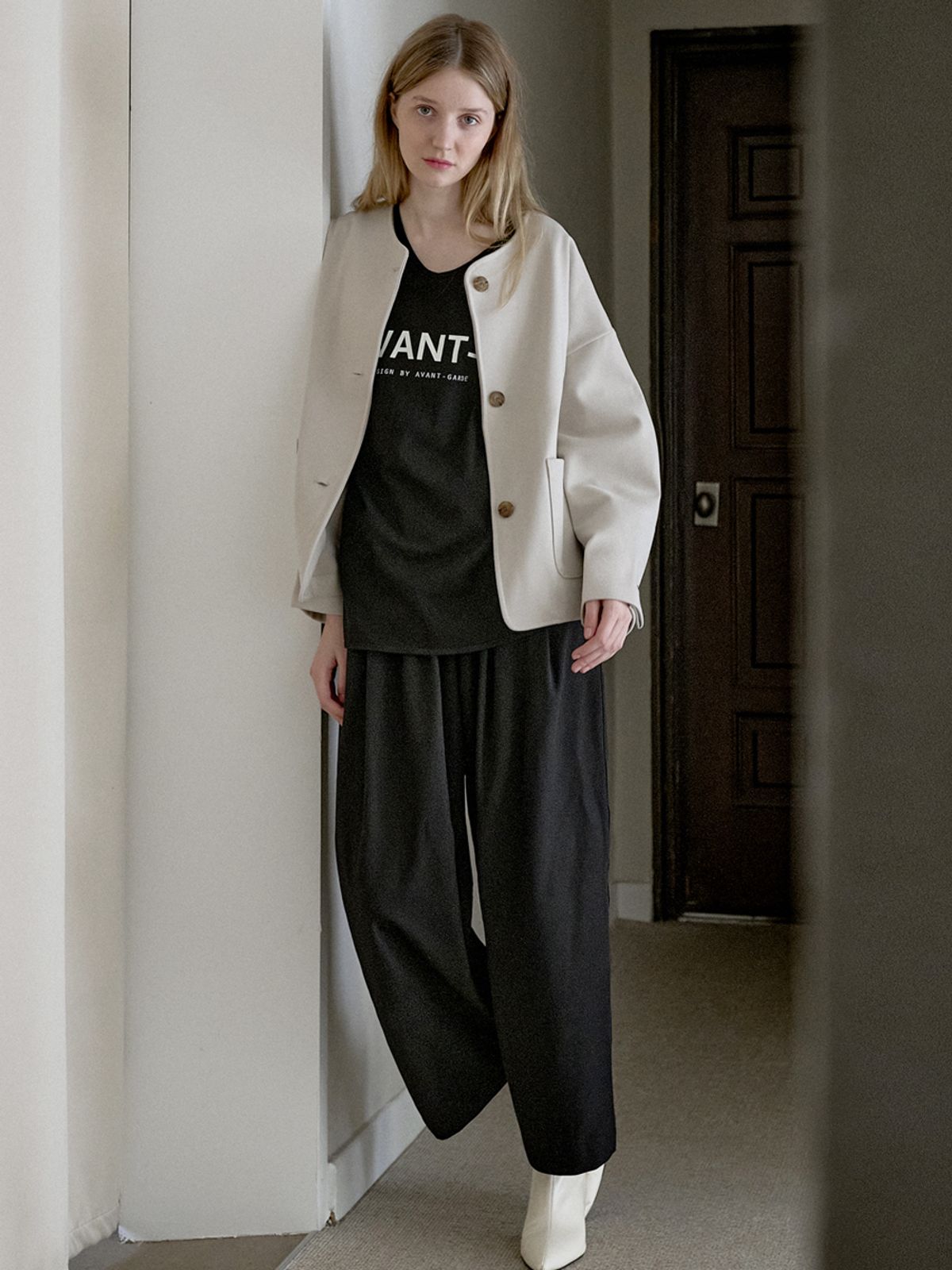 아방(AVANT-G) Poly Spandex Wide Banding Pants - BLACK
