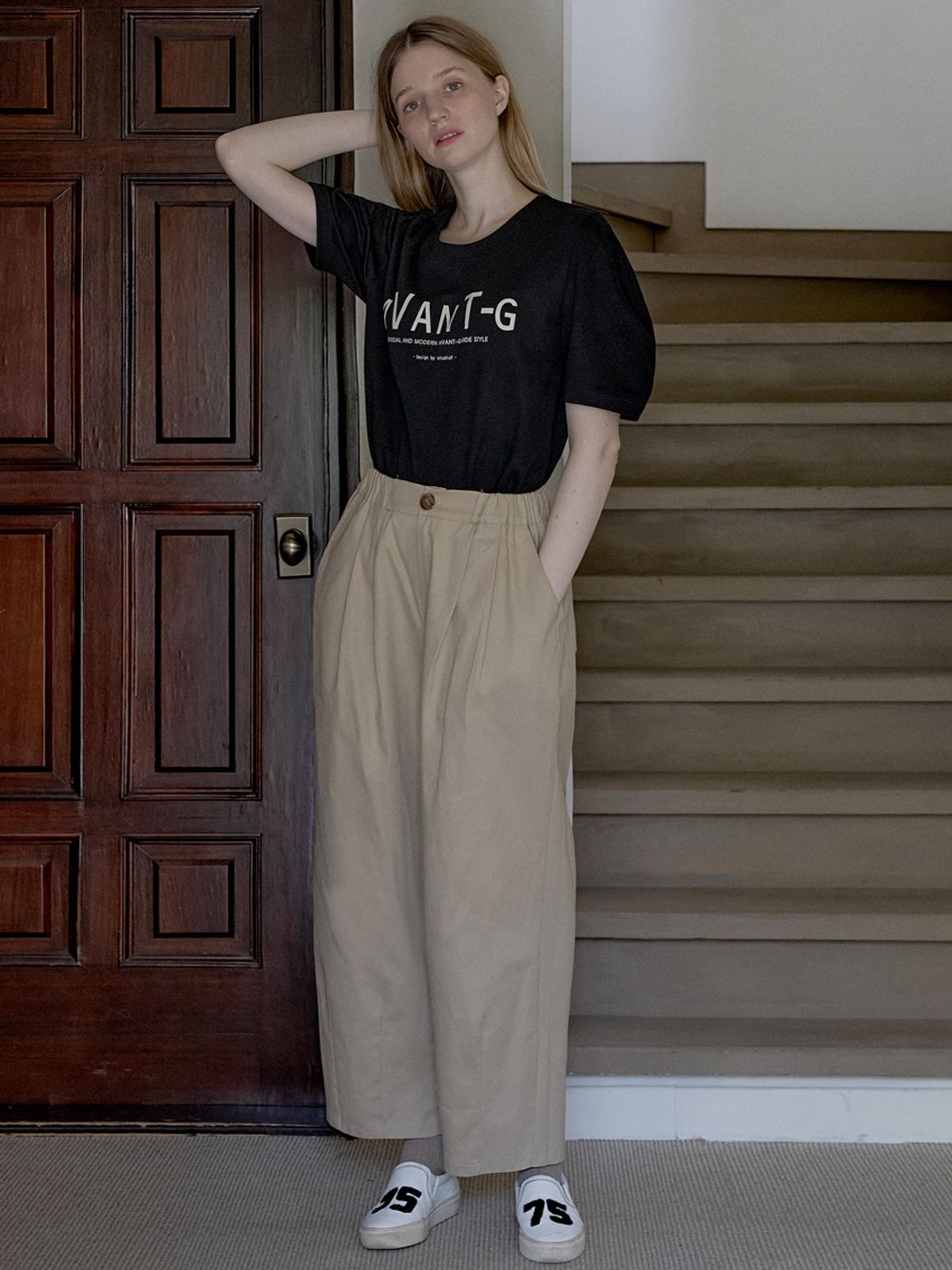 아방(AVANT-G) Cotton Banding Dart Baggy Pants - BEIGE