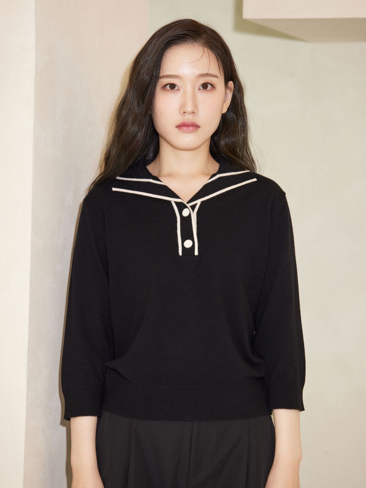아이홀릭 캐시미어(AYIHOLIC CASHMERE) 배색  투버튼 폴로 니트 #2COLOR