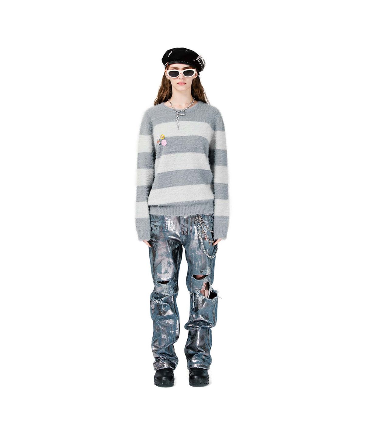 조거쉬(JOEGUSH) Fluffy Striped Mohair Knit (Grey/Ash Mint)
