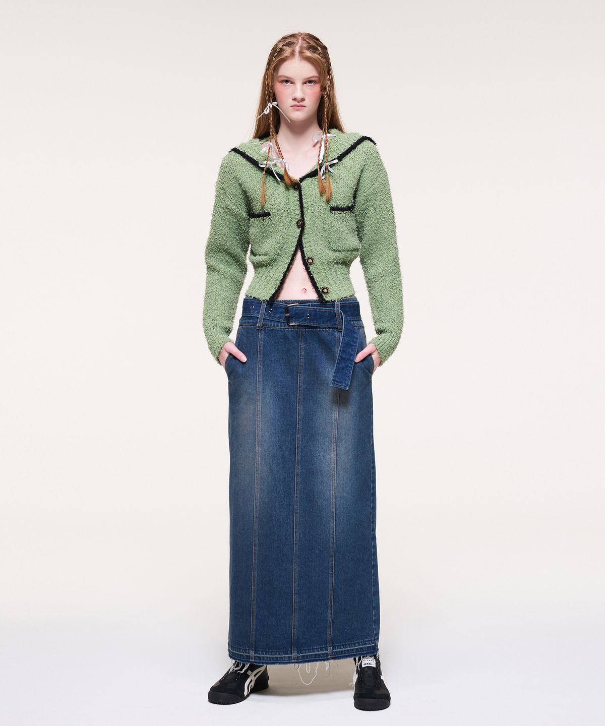 에트몽(ETMON) Shawl Sailor Collar Knit Cardigan, Light Green