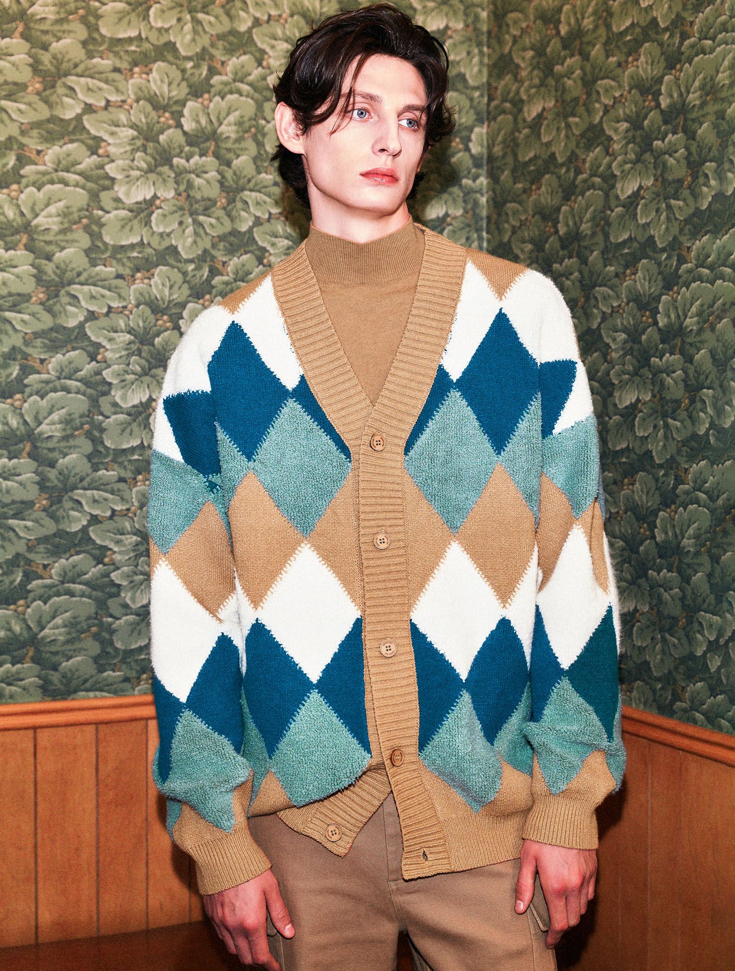 Pull Cardigan Homme Vintage – Beige Argyle – Taille M – Zip – État Correct
