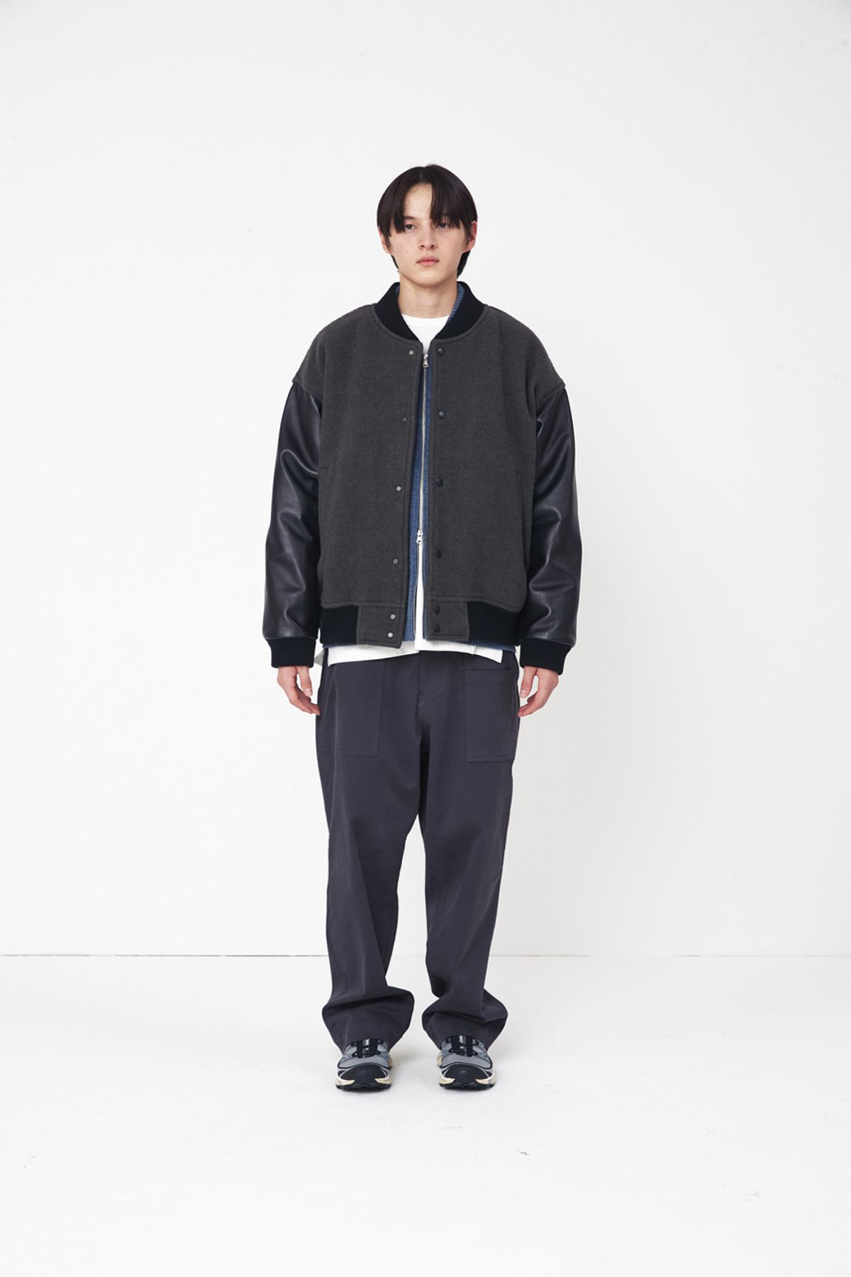 홀리선(HORLISUN) Header Leather Wool Stadium Jacket Dark Gray