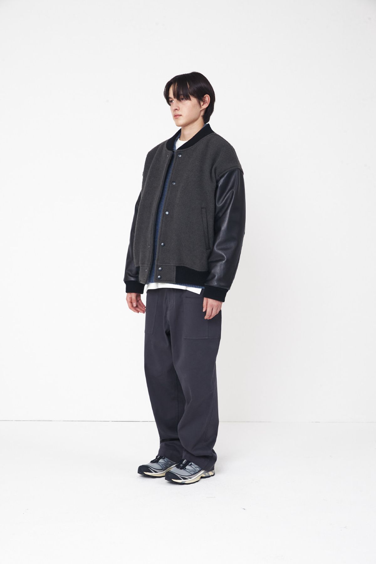 홀리선(HORLISUN) Header Leather Wool Stadium Jacket Dark Gray