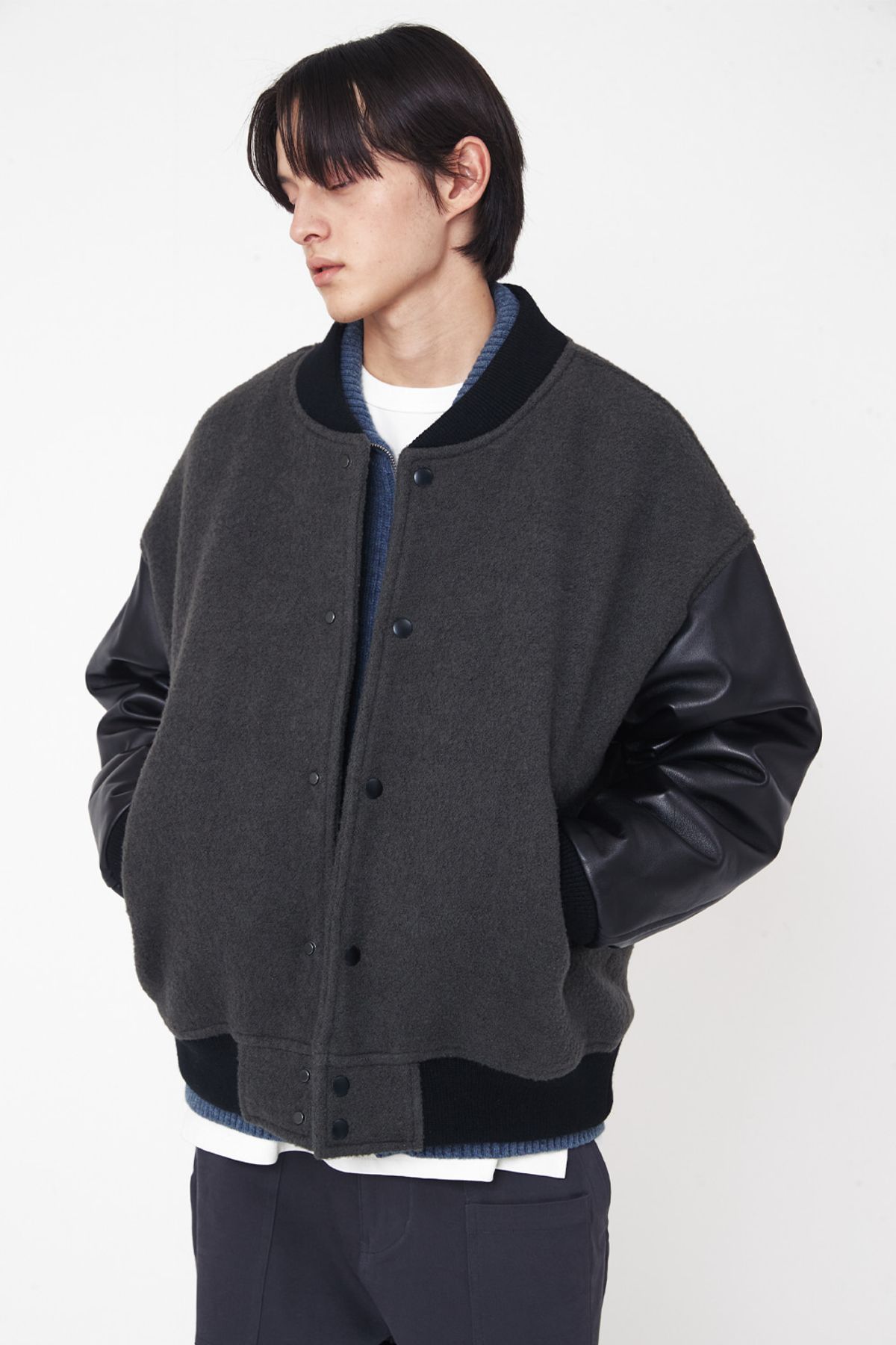 홀리선(HORLISUN) Header Leather Wool Stadium Jacket Dark Gray