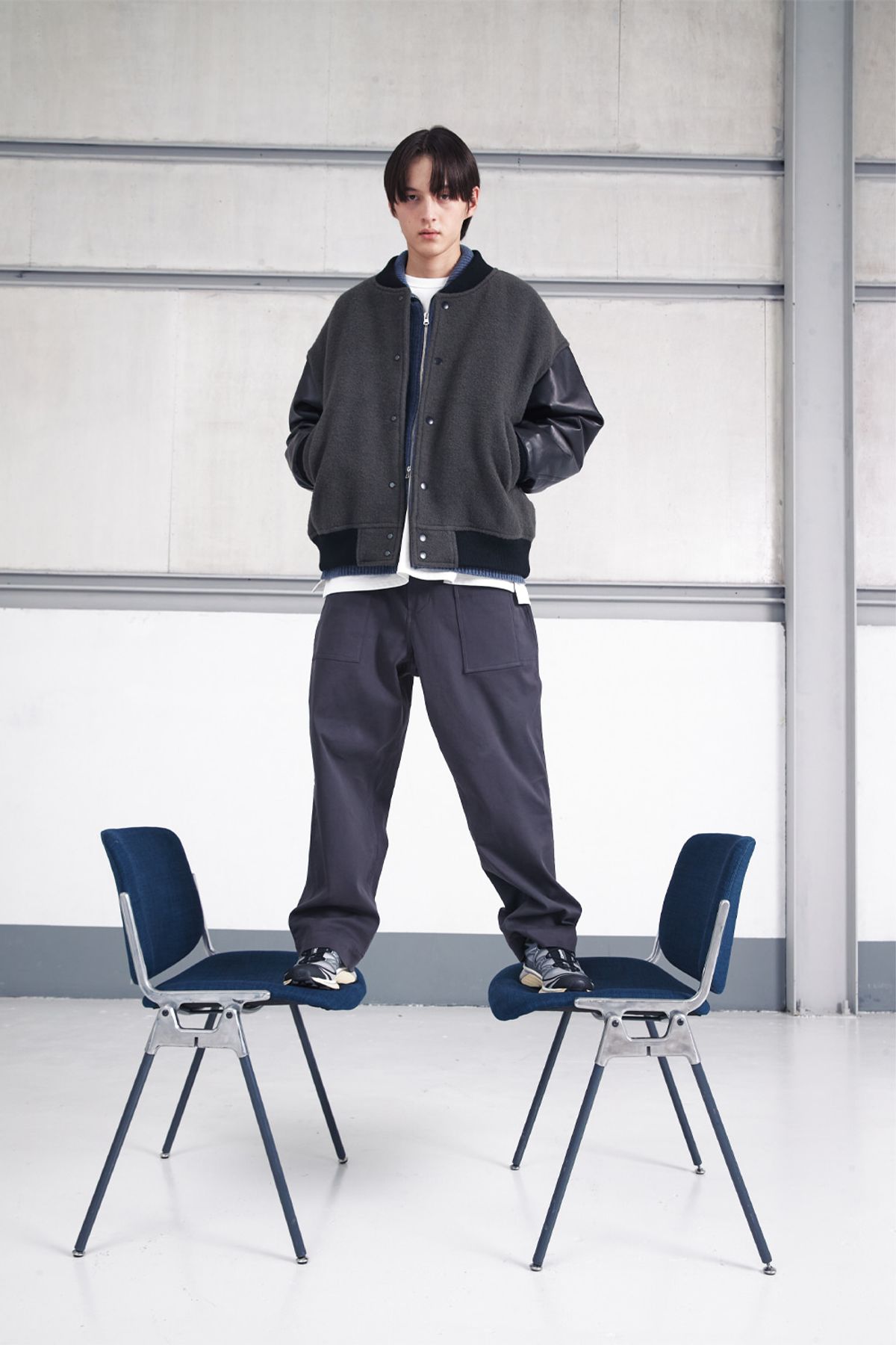 홀리선(HORLISUN) Header Leather Wool Stadium Jacket Dark Gray