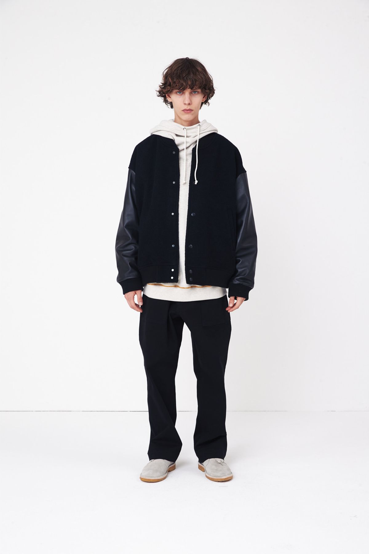 홀리선(HORLISUN) Header Leather Wool Stadium Jacket Black
