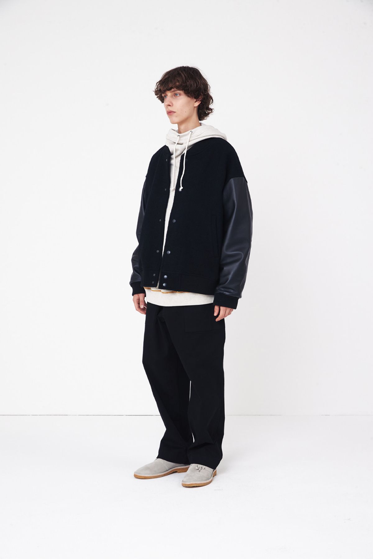 홀리선(HORLISUN) Header Leather Wool Stadium Jacket Black