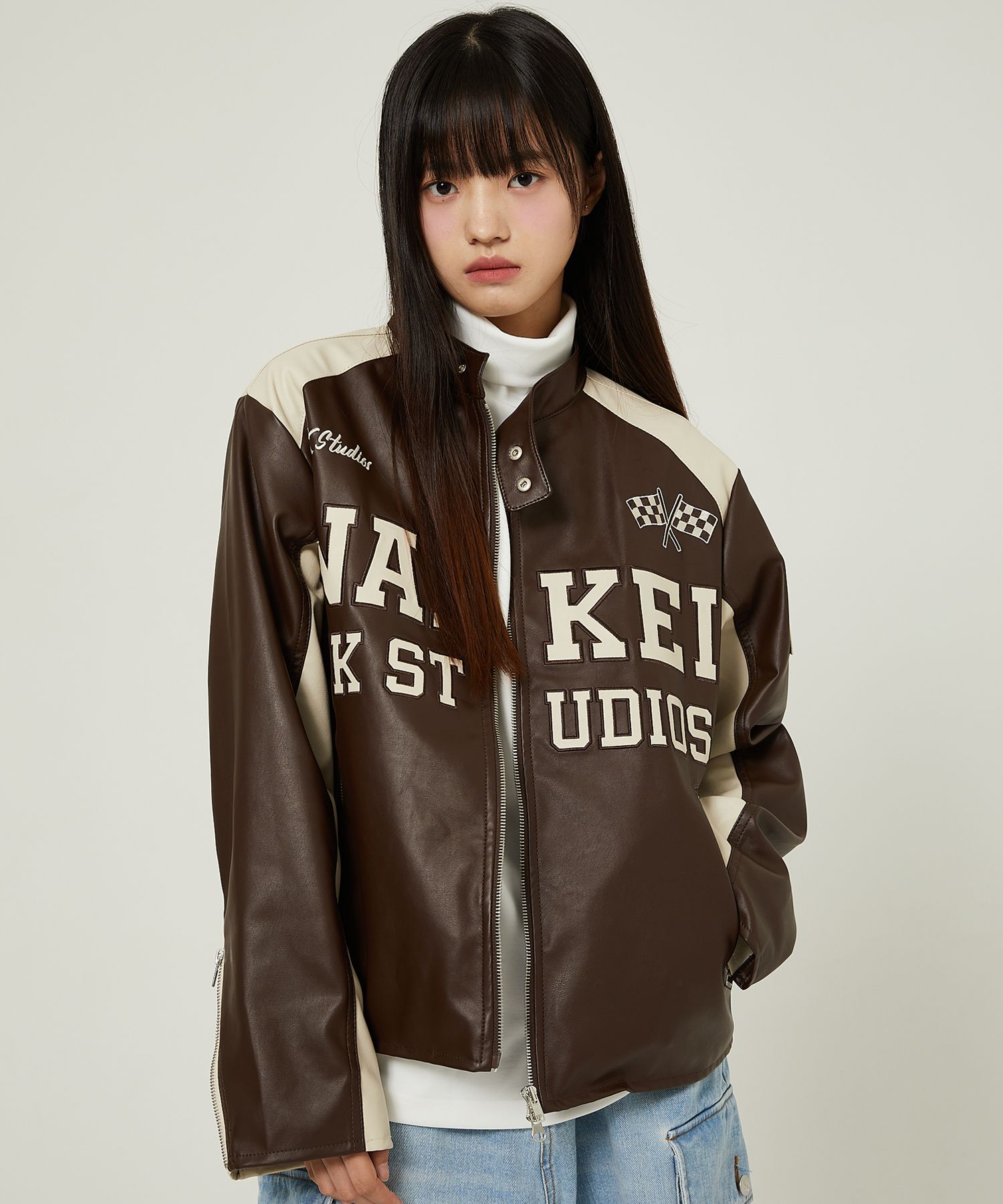 MUSINSA公式 | WAI KEI Single rider vegan leather jacket brown