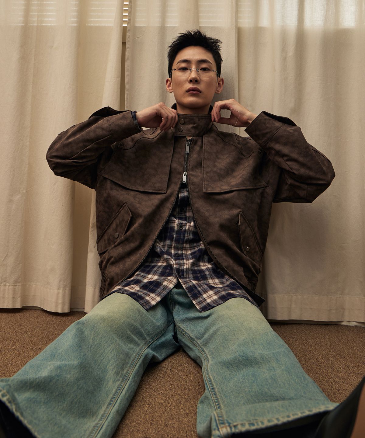 아이언더스탠드(EYEUNDERSTAND) 투톤 레더 해링턴 자켓 (브라운)