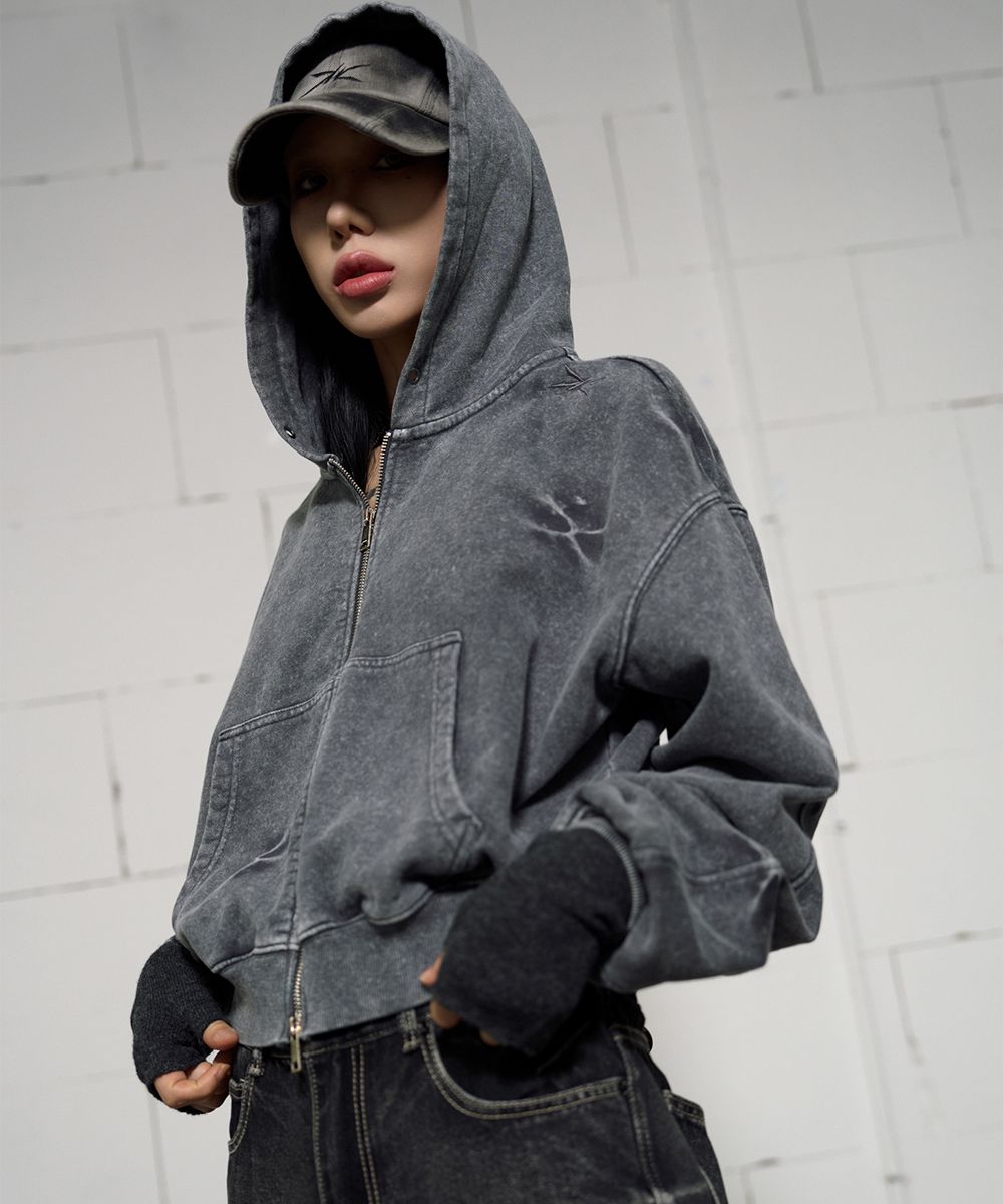 MUSINSA | MAISON MINED (W) PINCH WASHED CROP HOOD ZIP-UP BLACK