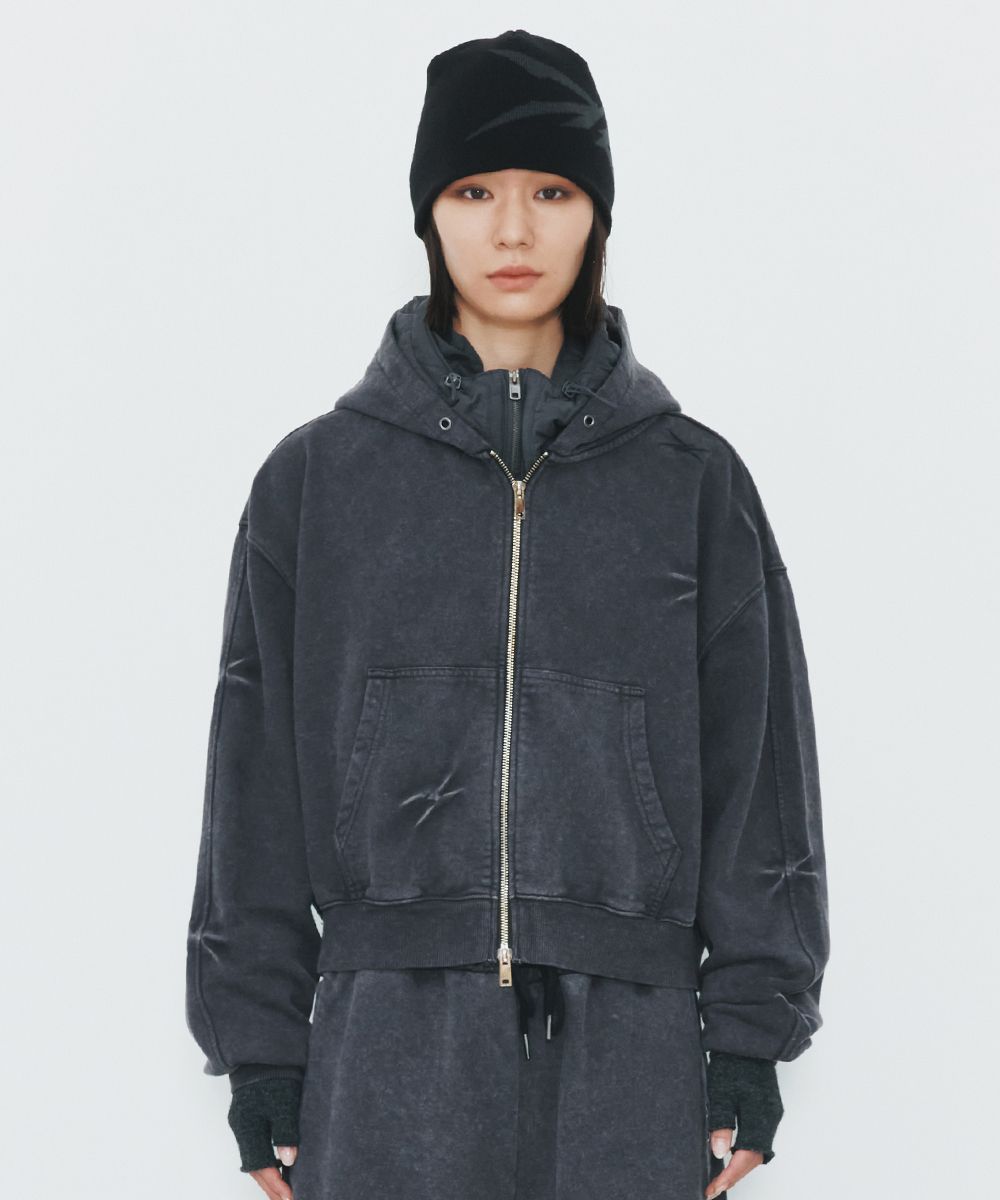 MUSINSA | MAISON MINED (W) PINCH WASHED CROP HOOD ZIP-UP BLACK