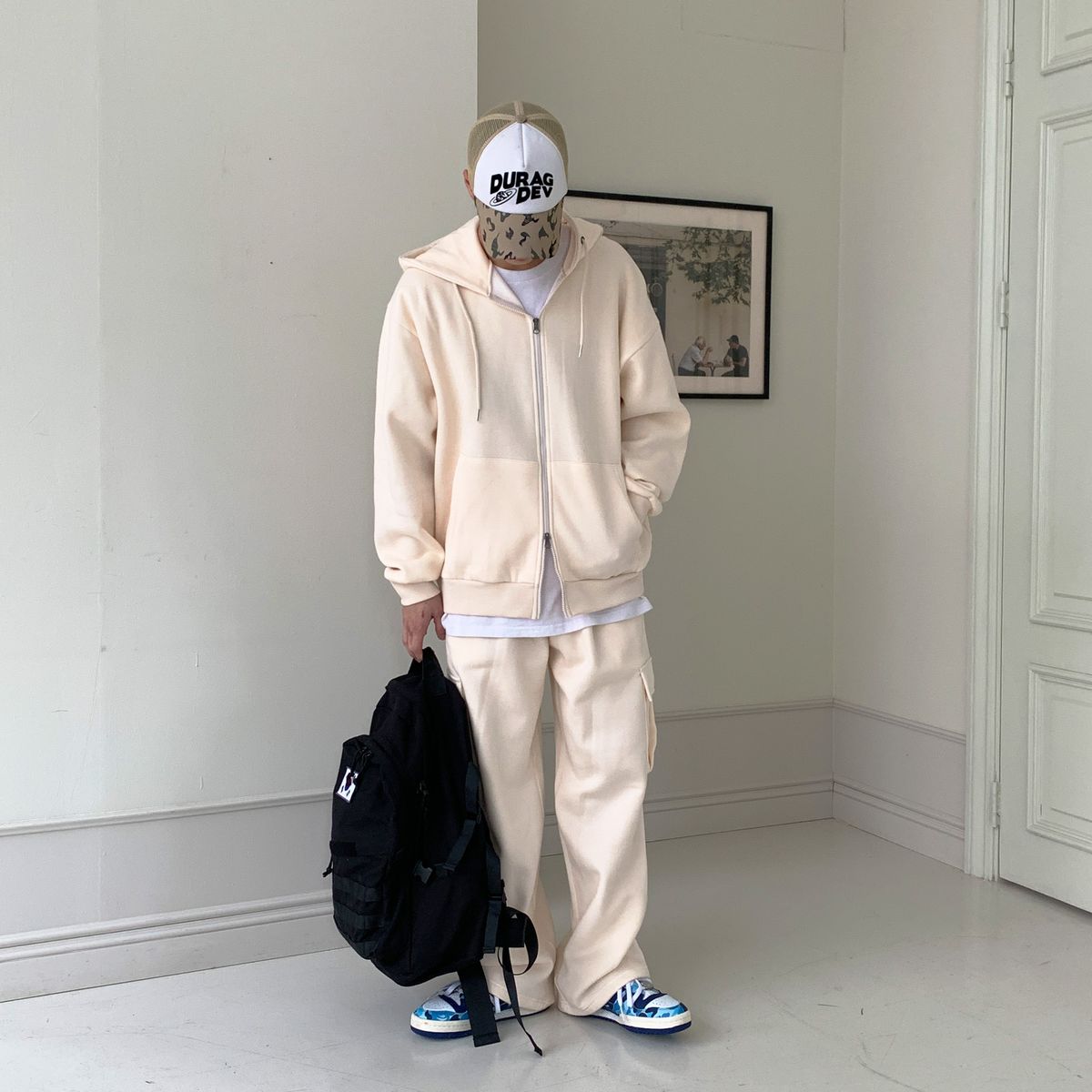 락트개러지(ROCKED GARAGE) [UNISEX] 카고 원턱 스웨트 와이드 팬츠