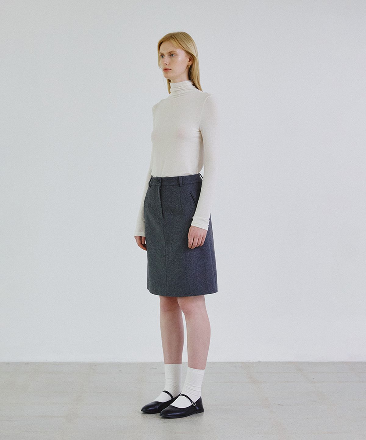 스텝어라운드(STEP AROUND) Wool blended Mid Skirt (Gray)