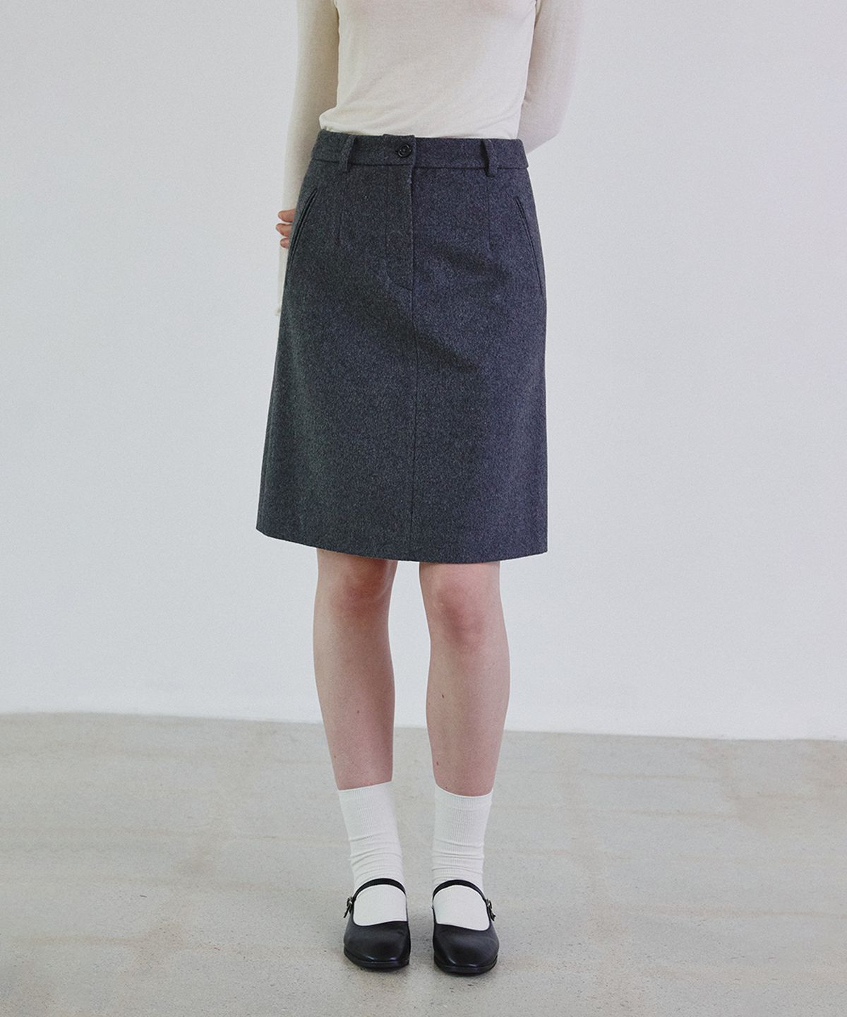 스텝어라운드(STEP AROUND) Wool blended Mid Skirt (Gray)