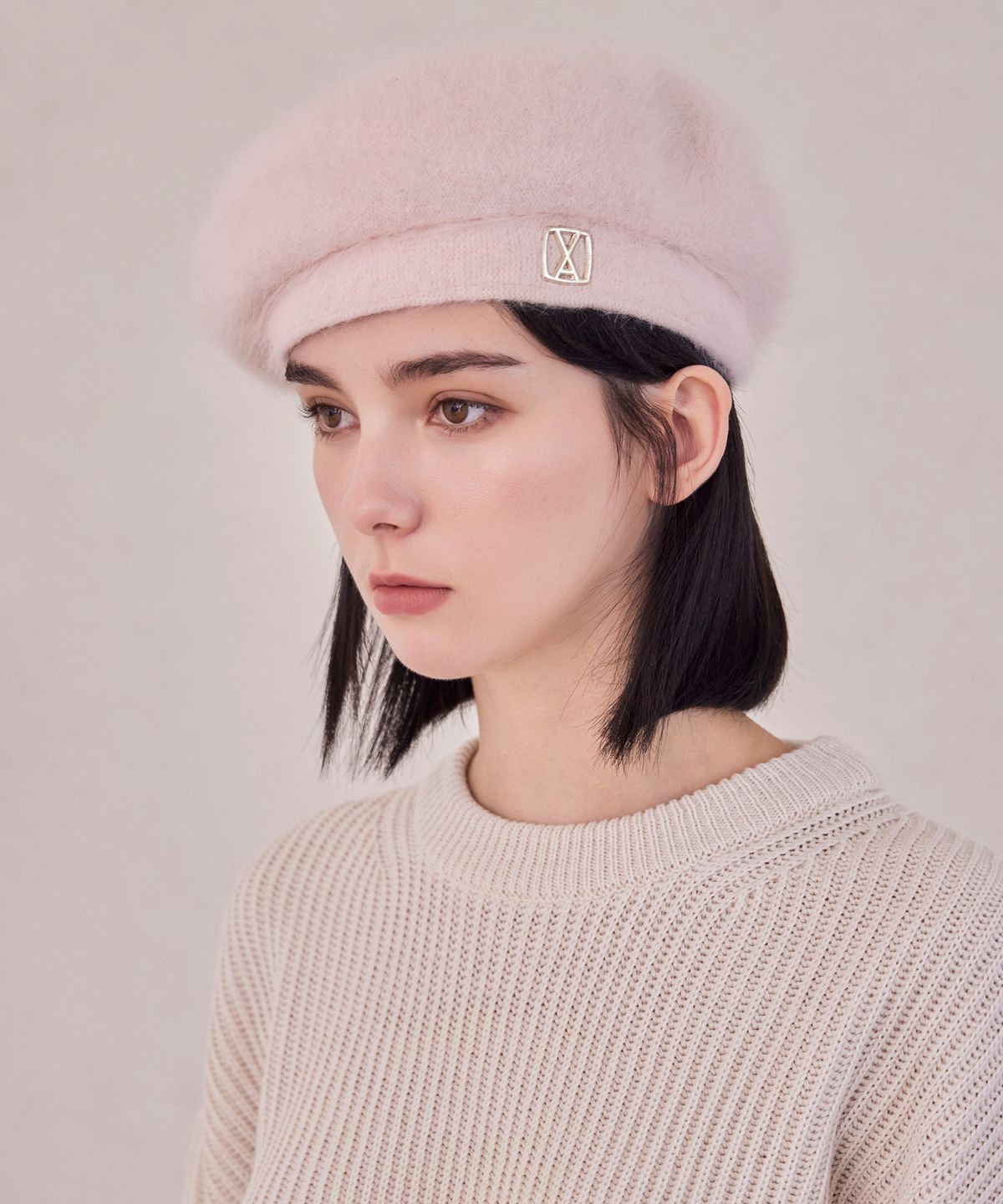 바잘(VARZAR) VA 스퀘어 스터드 앙고라 베레모 핑크