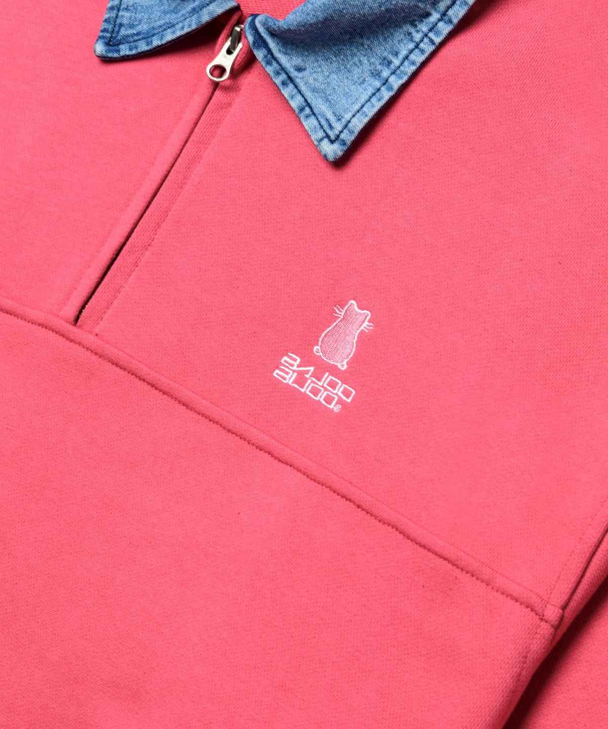 바쥬비쥬(BAJOO BIJOO) Denim Collars Cat Logo Half Zip-Up Sweatshirt [Pink]