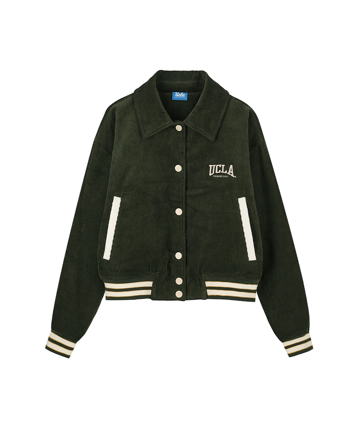 유씨엘에이(UCLA) 남여공용 자수 코듀로이 바시티 패딩 점퍼[KHAKI](UZAUJ83_65)