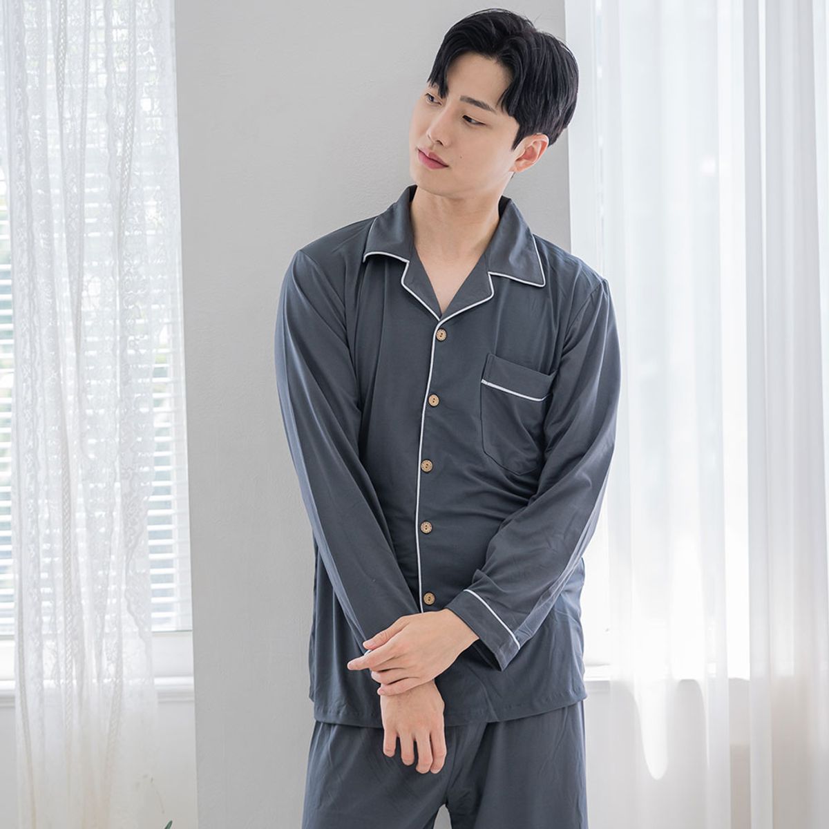 에이원(AONE) [SET] 커플 기모 단색 카라 상하 잠옷