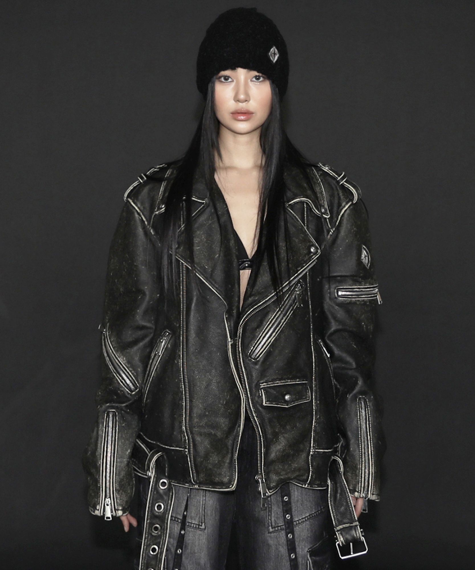 ★韓国人気★BADBLOOD★Crack Leather Biker Jacket MUSINSA | BADBLOOD Cracked Leather Biker Jacket - Smokey Black