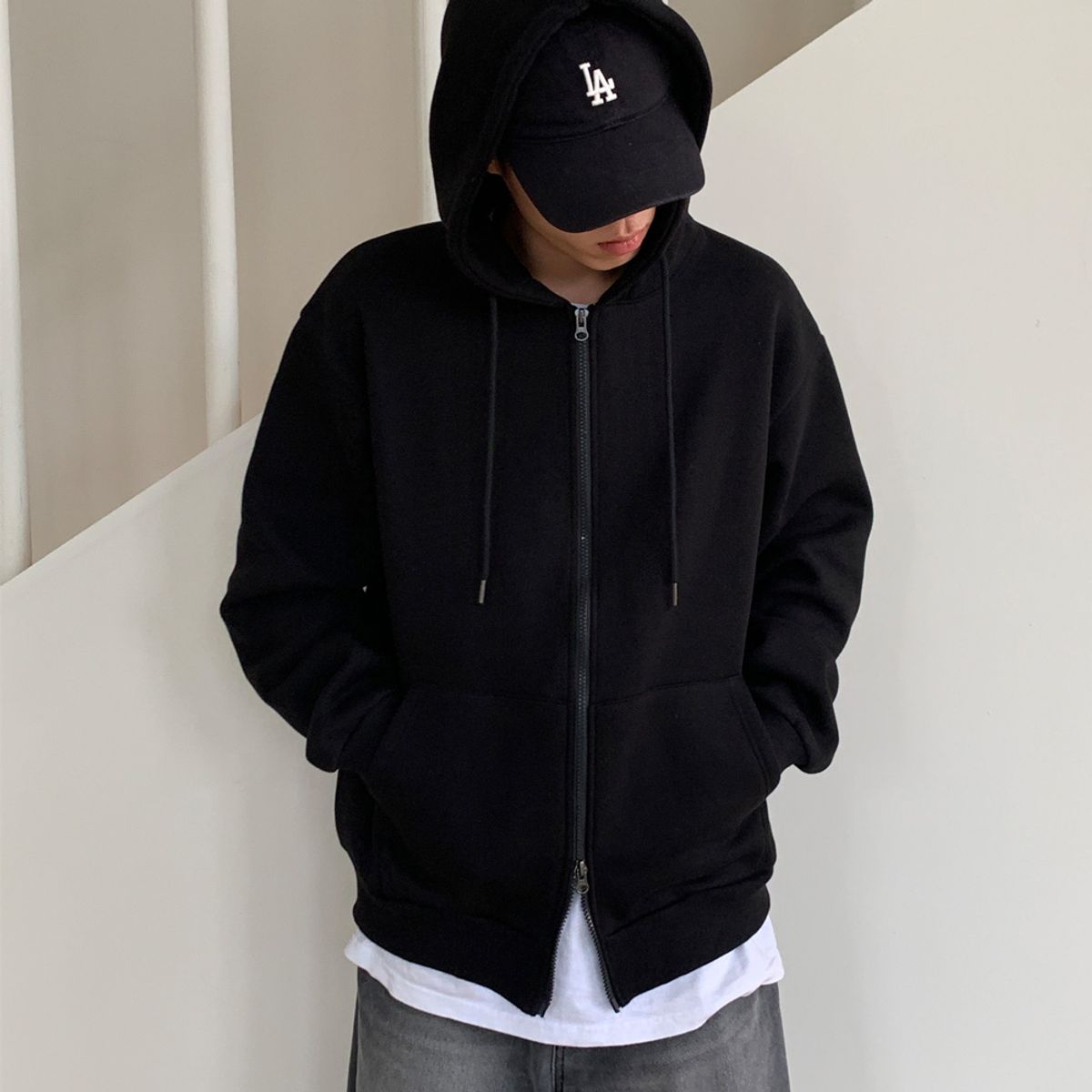 락트개러지(ROCKED GARAGE) [UNISEX] 오버핏 투웨이  후드 집업 (기모)