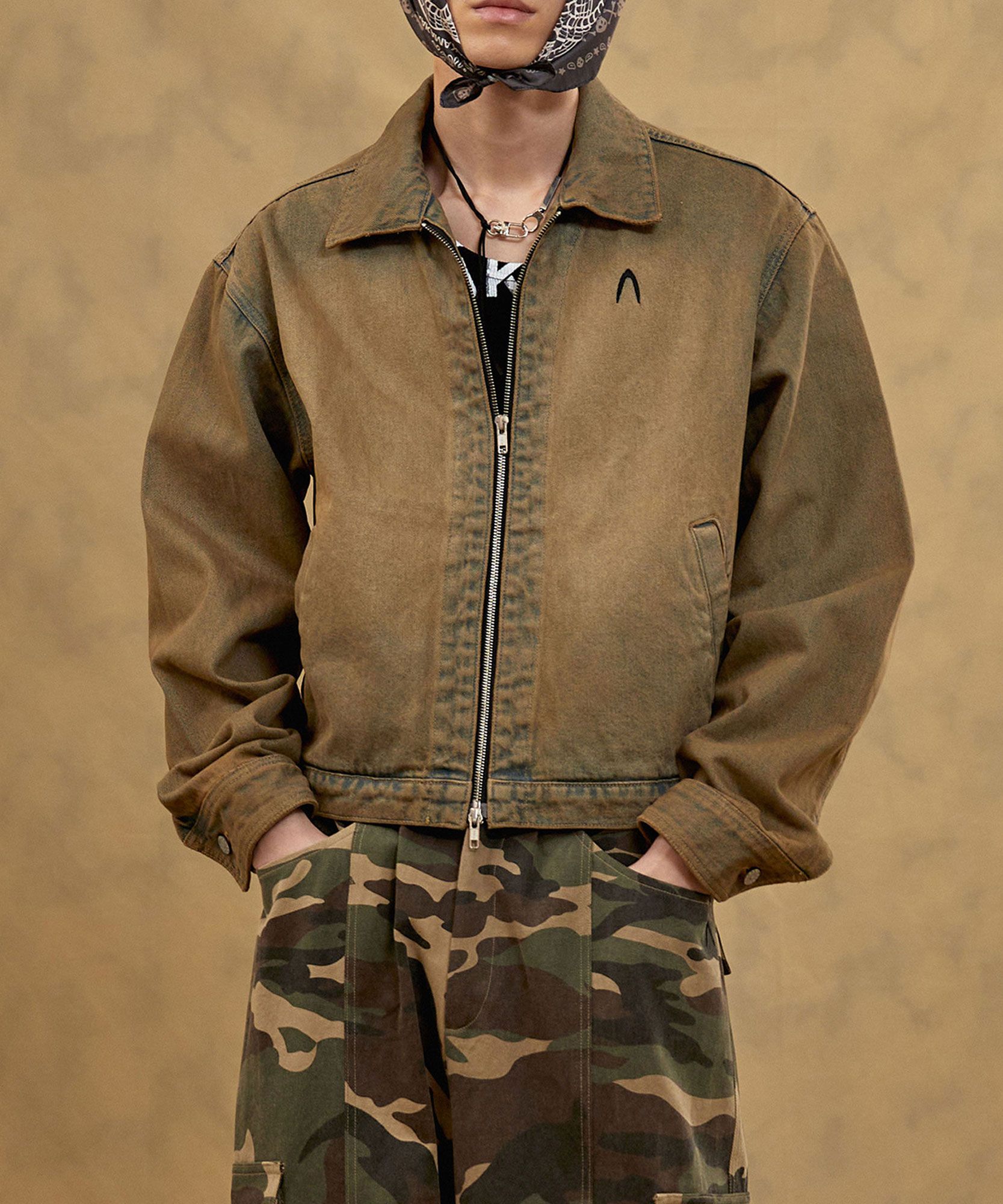 MUSINSA公式 | AAKAM Washed Zip-Up Denim Jacket (Desert Sand)
