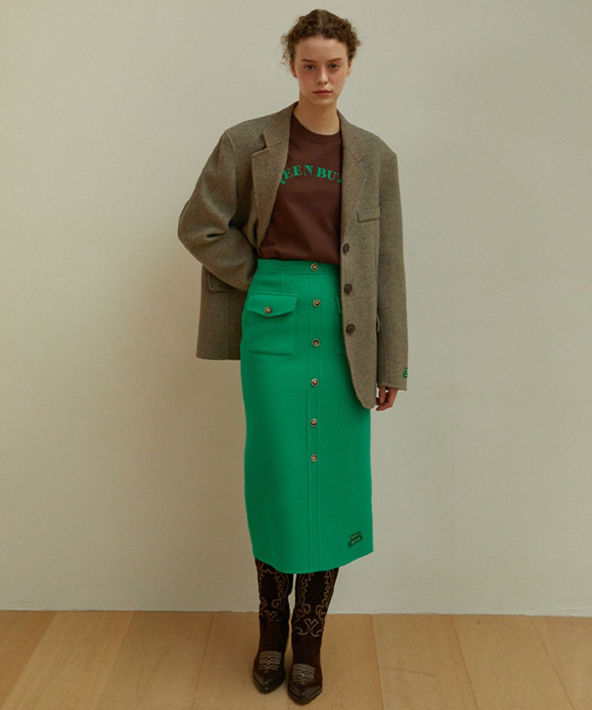 그린버터(GREENBUTTER) [handmade] Wool Pencil Pocket Skirt (Green)