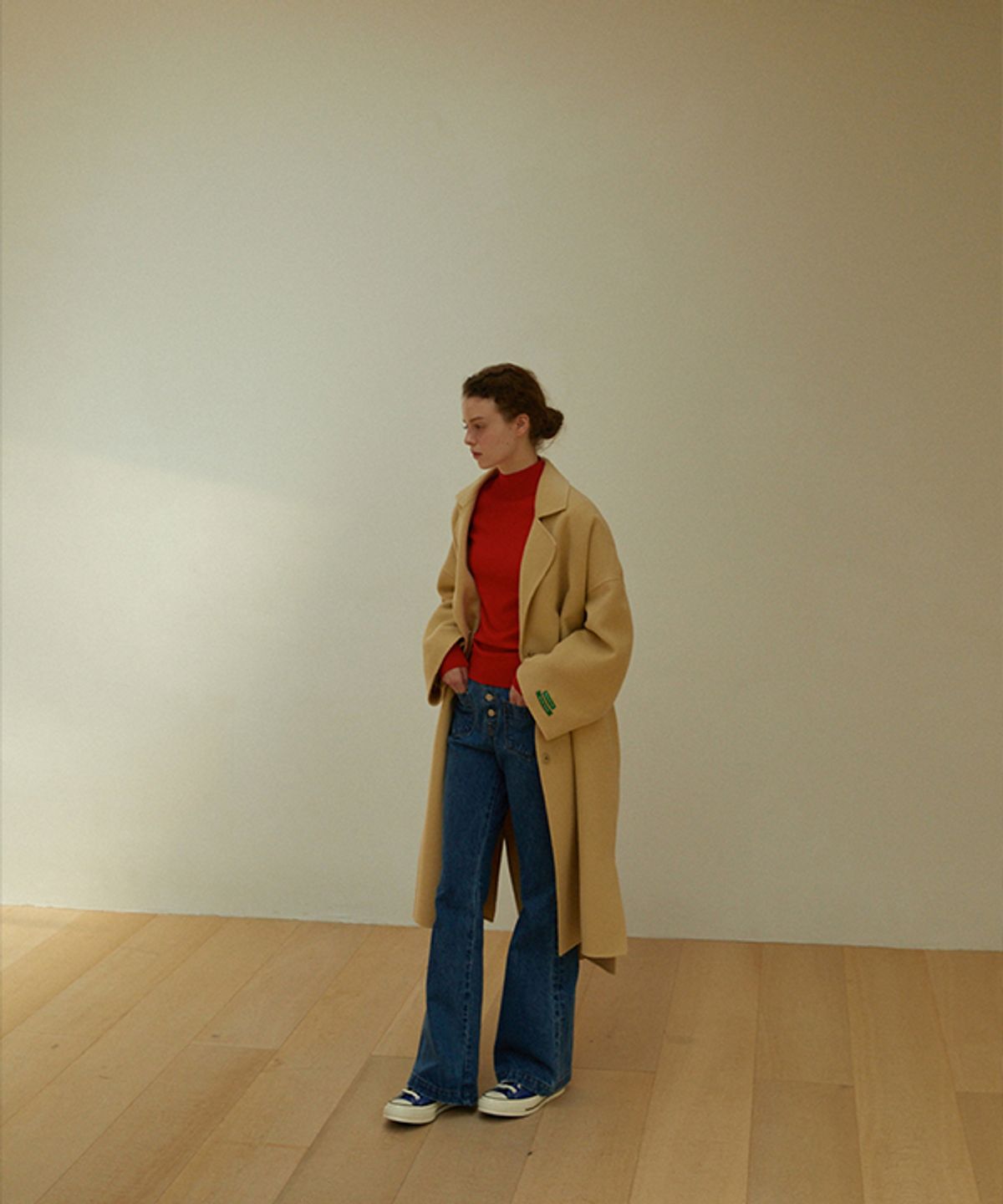 그린버터(GREENBUTTER) [handmade] Belted Slit Wool Coat (Beige)