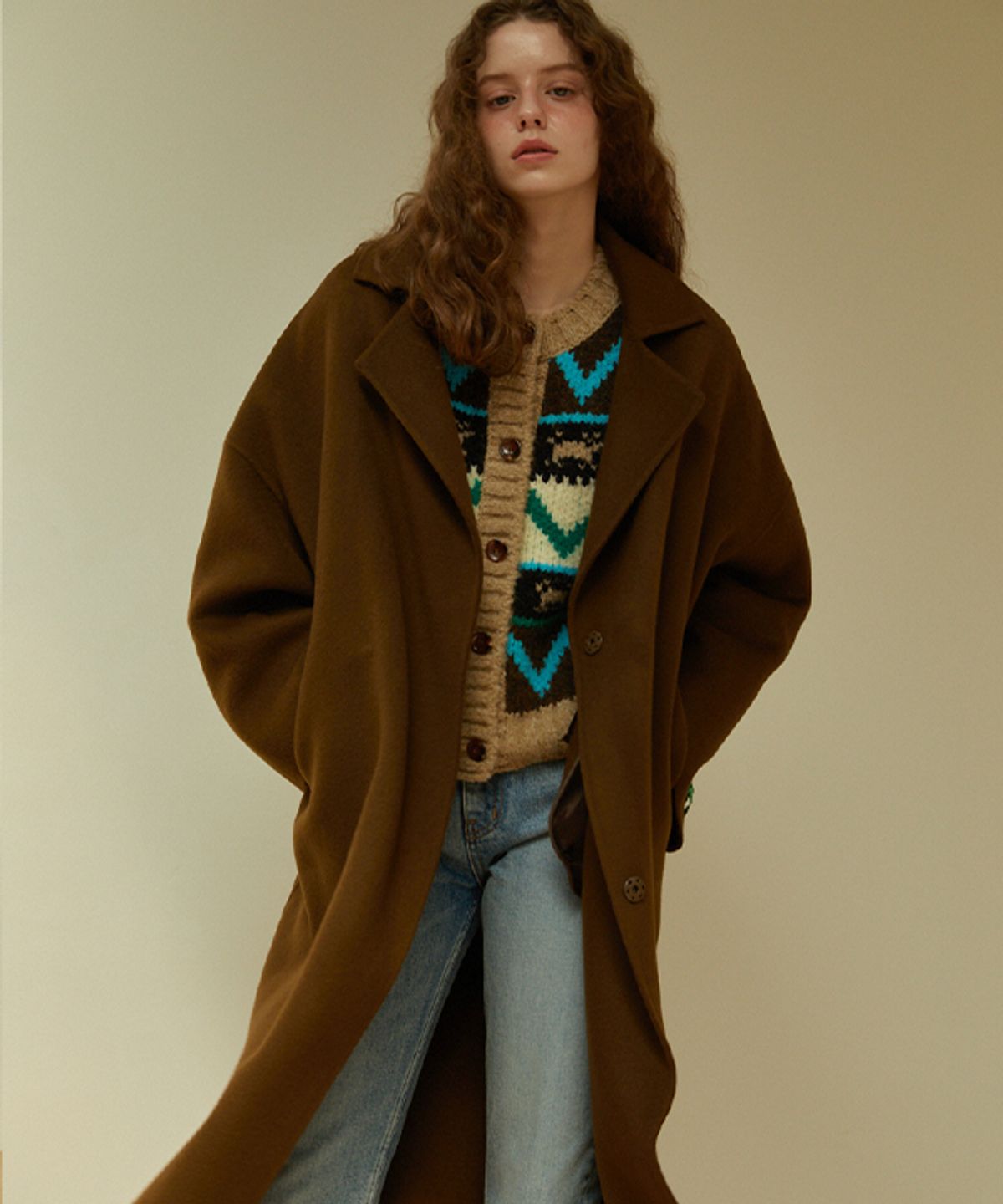 그린버터(GREENBUTTER) [handmade] Belted Slit Wool Coat (Brown)