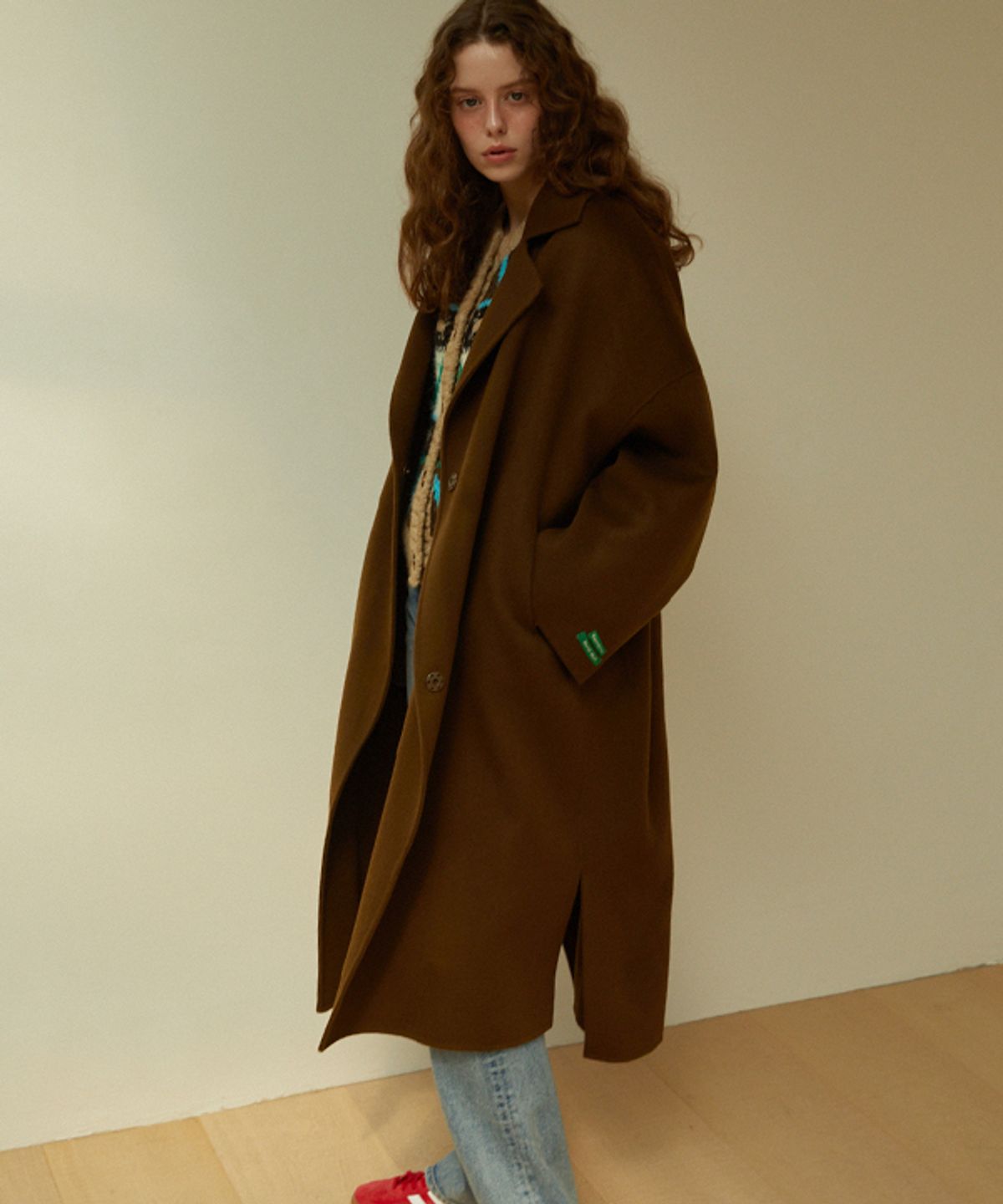 그린버터(GREENBUTTER) [handmade] Belted Slit Wool Coat (Brown)
