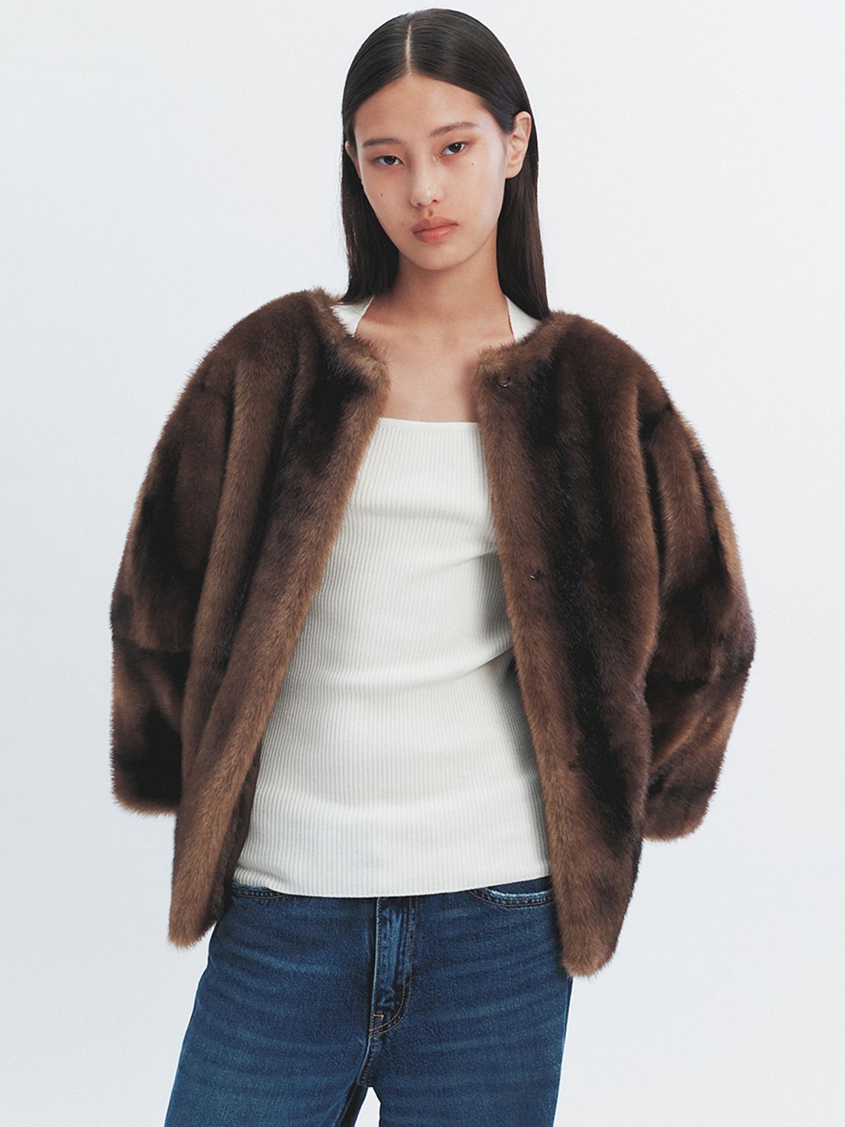 해브레스(HAVELESS) COLETTE FAUX FUR JACKET DARK BROWN