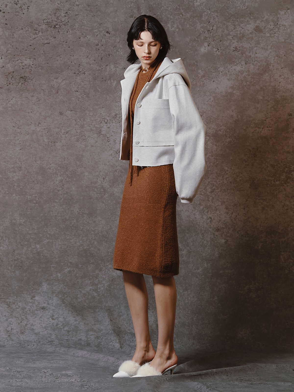 민더리(MEENDERI) BOUCLE KNIT LONG DRESS - BROWN