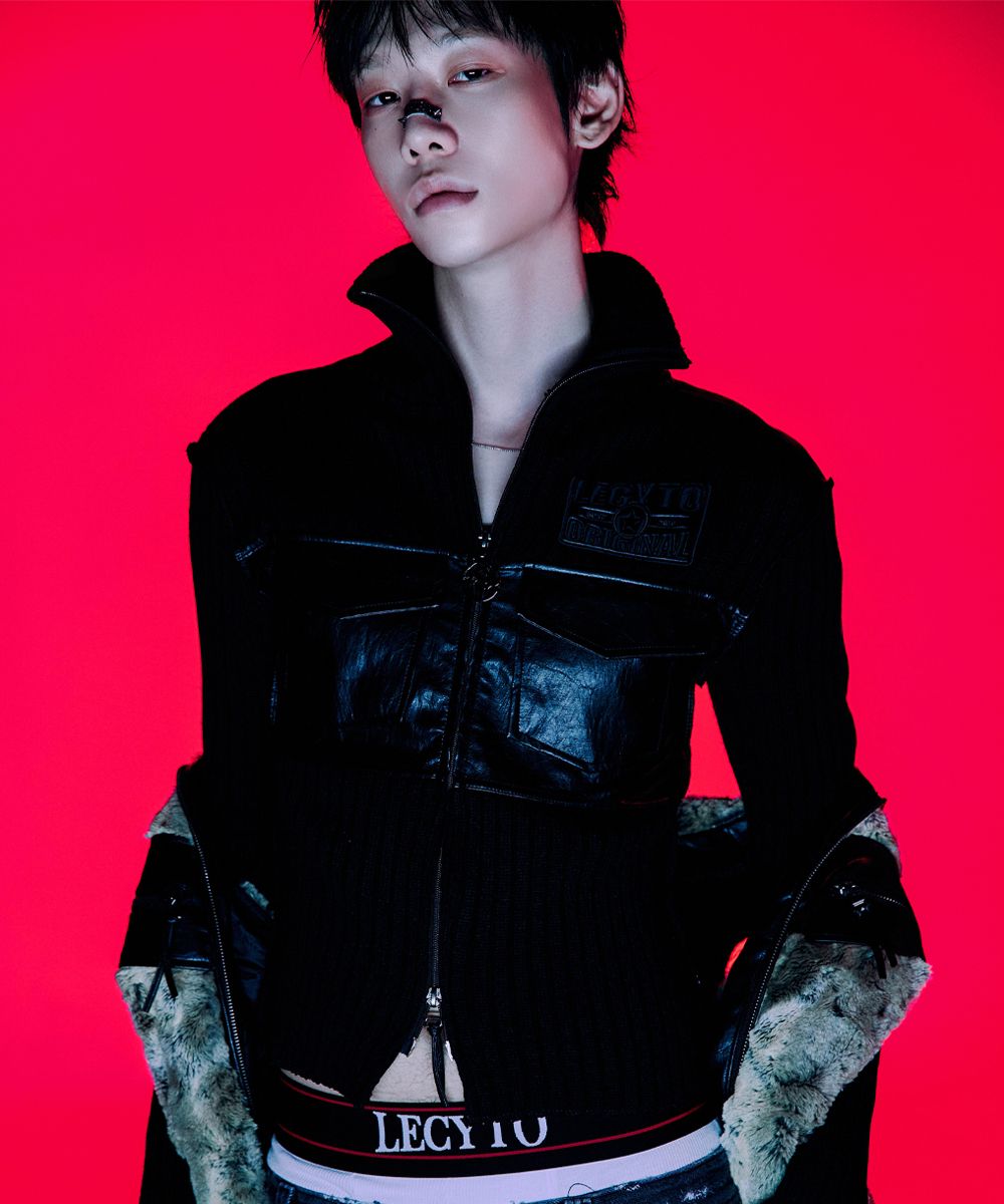 MUSINSA公式 | LECYTO Fabric Mix Neck Zip Up_[Black]