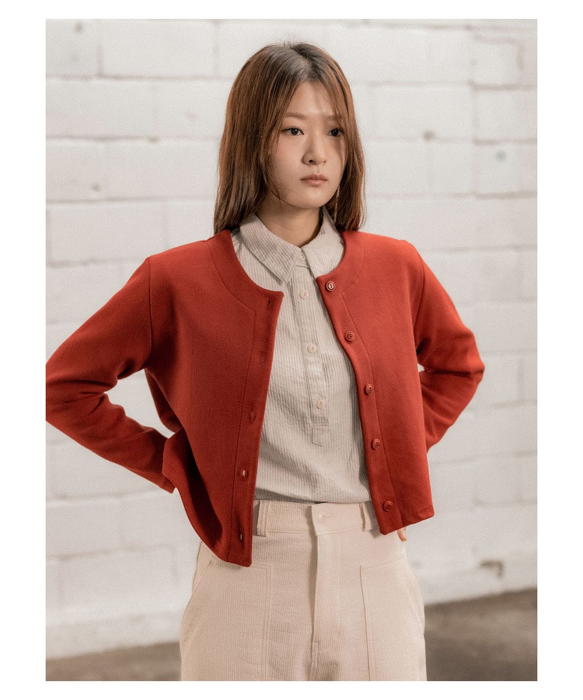 코튼벨(COTTON BELL) 라운드넥 가디건 - Dark Red
