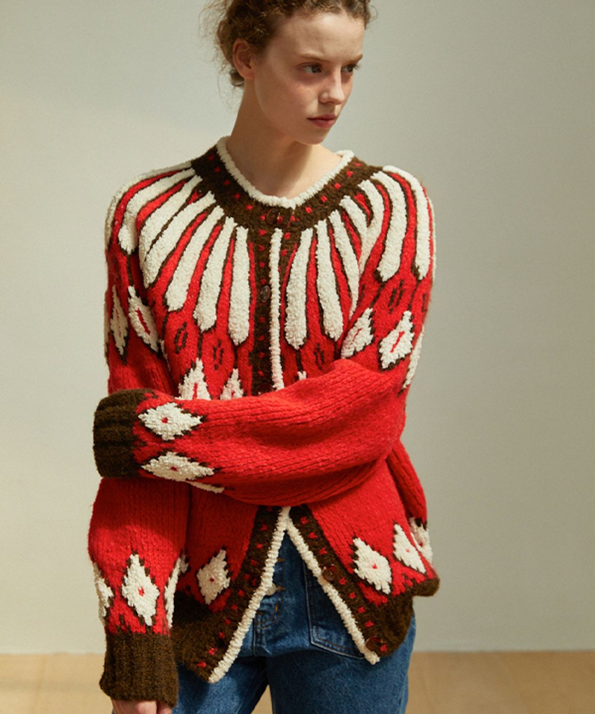 그린버터(GREENBUTTER) Terry Ethnic Alpaca Wool Cardigan (Red)