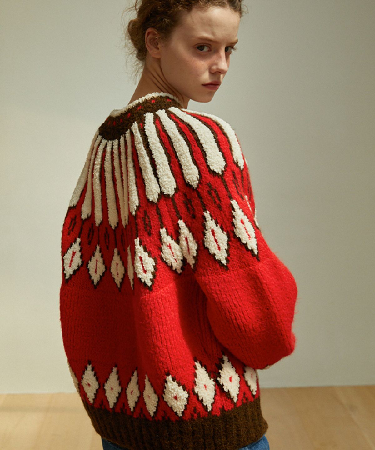 그린버터(GREENBUTTER) Terry Ethnic Alpaca Wool Cardigan (Red)