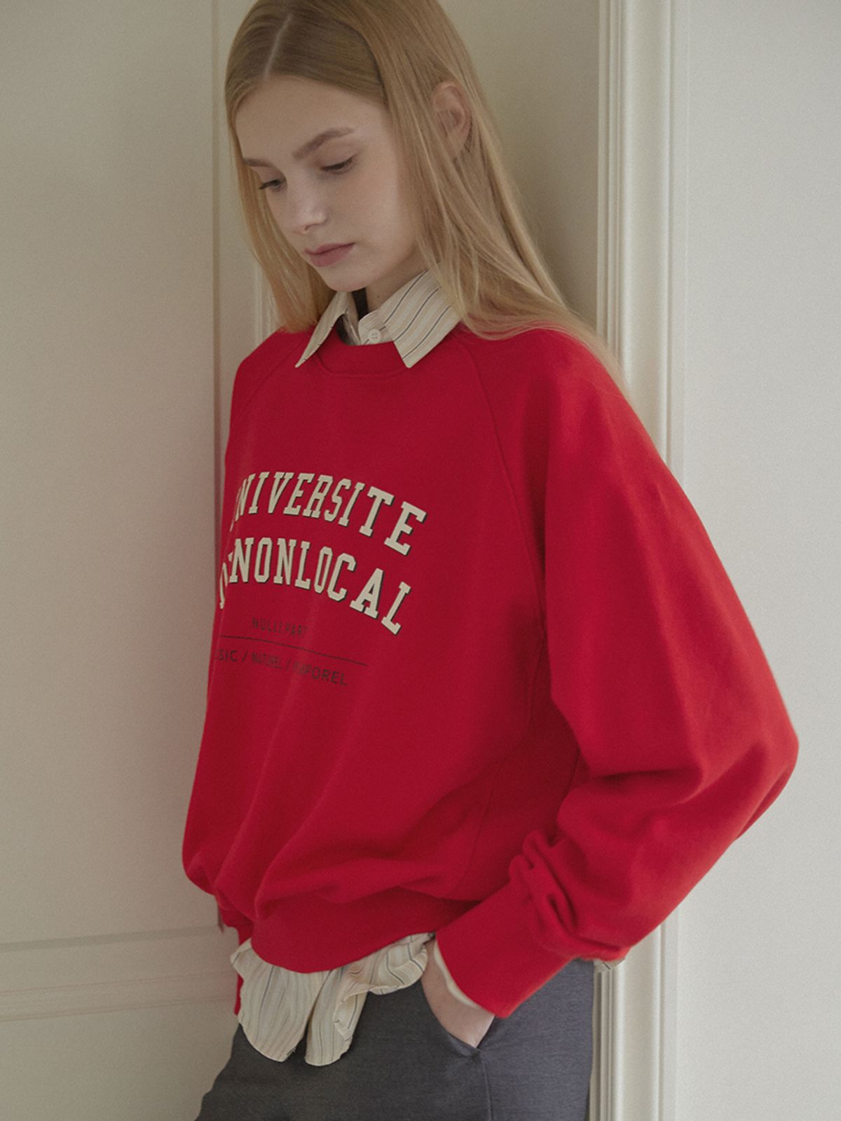 논로컬(NONLOCAL) Preppie Lettering Raglan Sweatshirt - Red