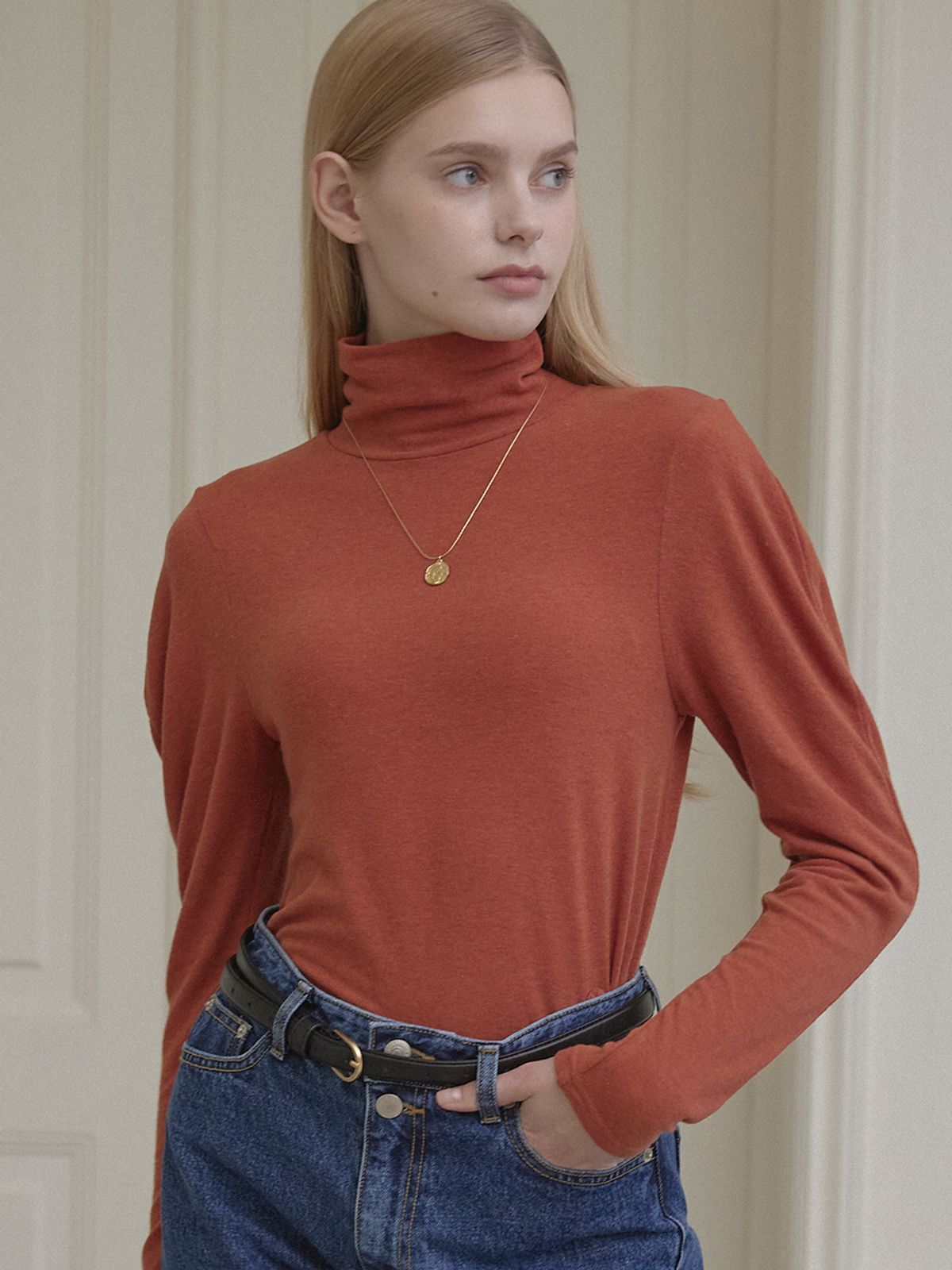 논로컬(NONLOCAL) Wool Tencel Volume Sleeve Turtleneck - Orange