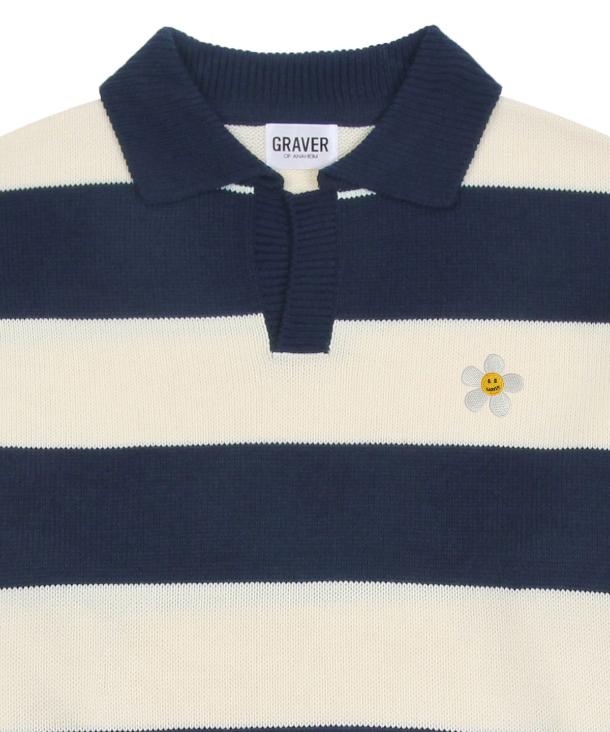 그레이버(GRAVER) [UNISEX]플라워도트 자수 스트라이프 카라 니트_네이비