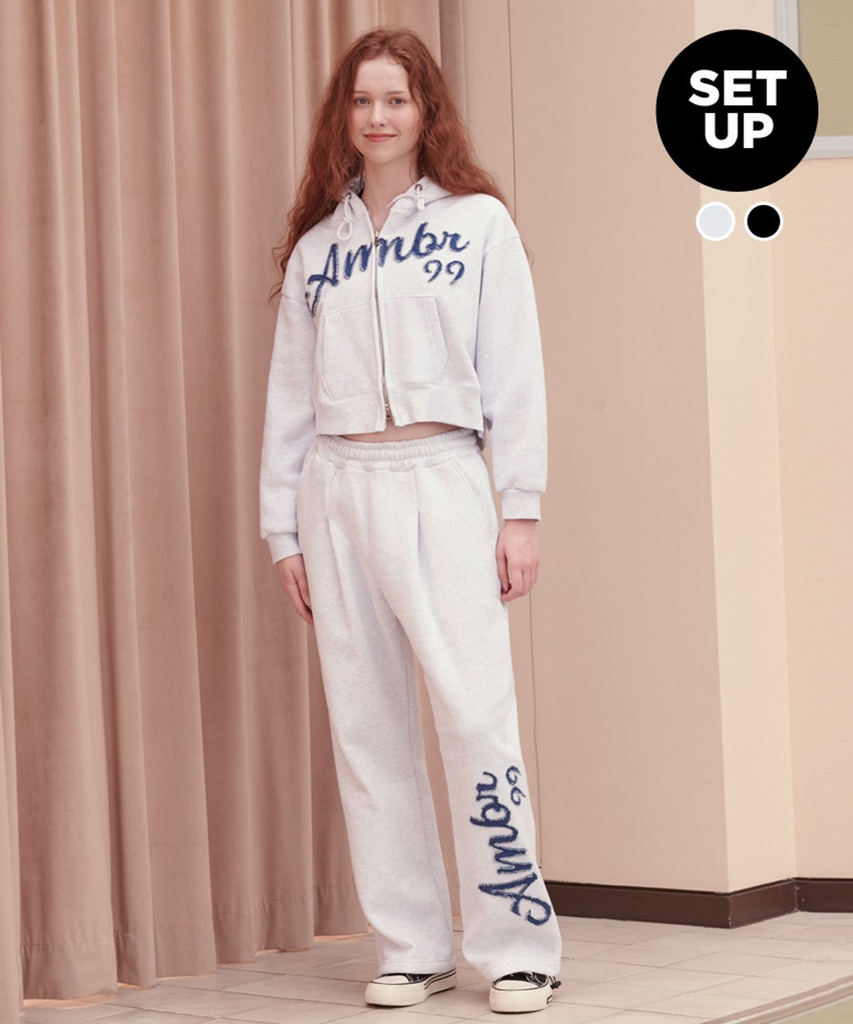 엠블러(AMBLER) [패키지 세트] Denim AMBLER 오버핏 기모 크롭 후드 집업 자켓 투웨이 팬츠 트레이닝 셋업 (2color)